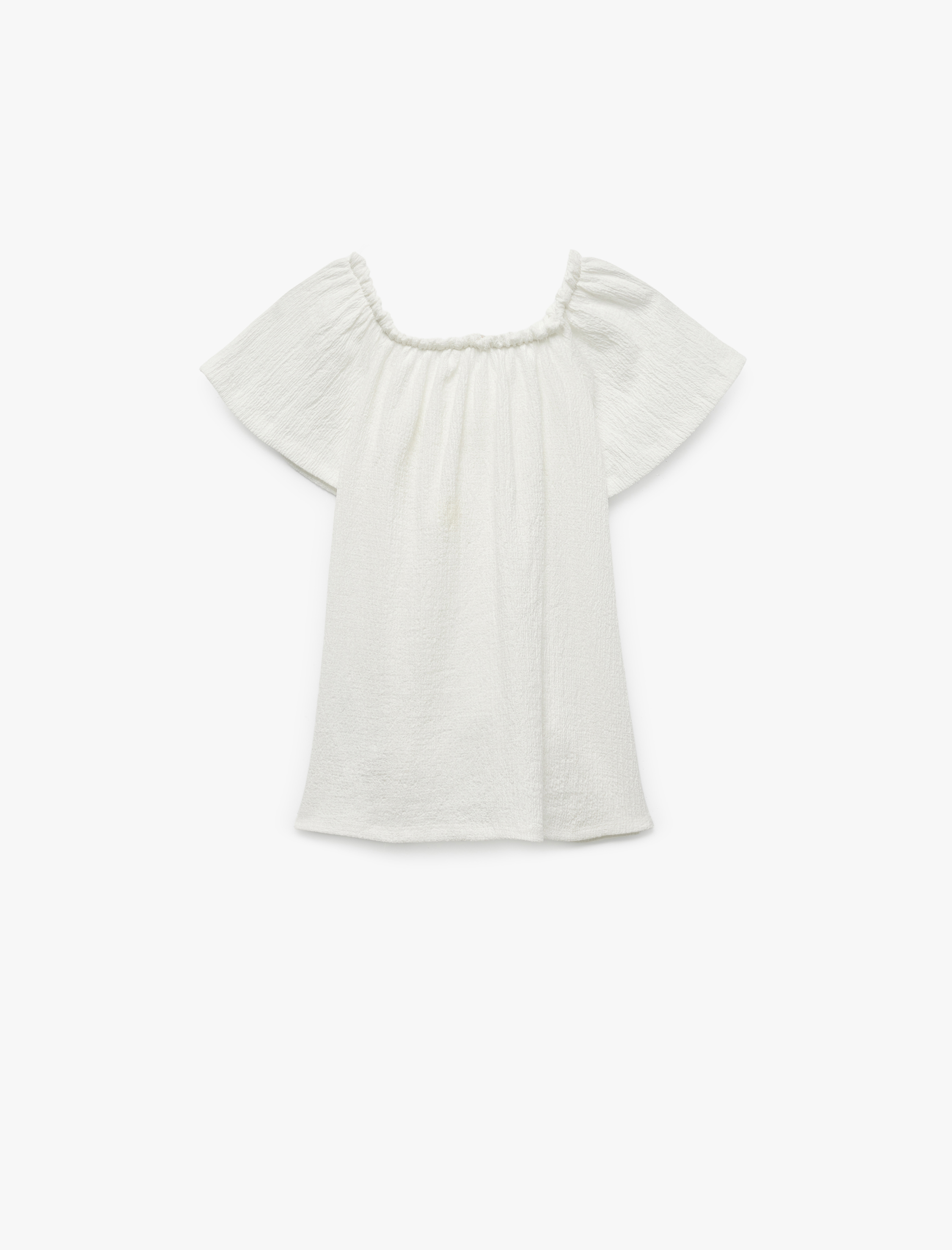  Kız Çocuk Bürümcük Kumaş Fiyonklu Omzu Açık Fırfırlı Kısa Kollu Bluz