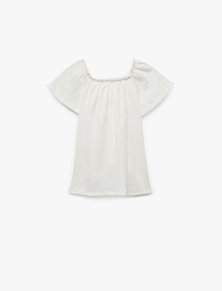 Kız Çocuk Bürümcük Kumaş Fiyonklu Omzu Açık Fırfırlı Kısa Kollu Bluz
