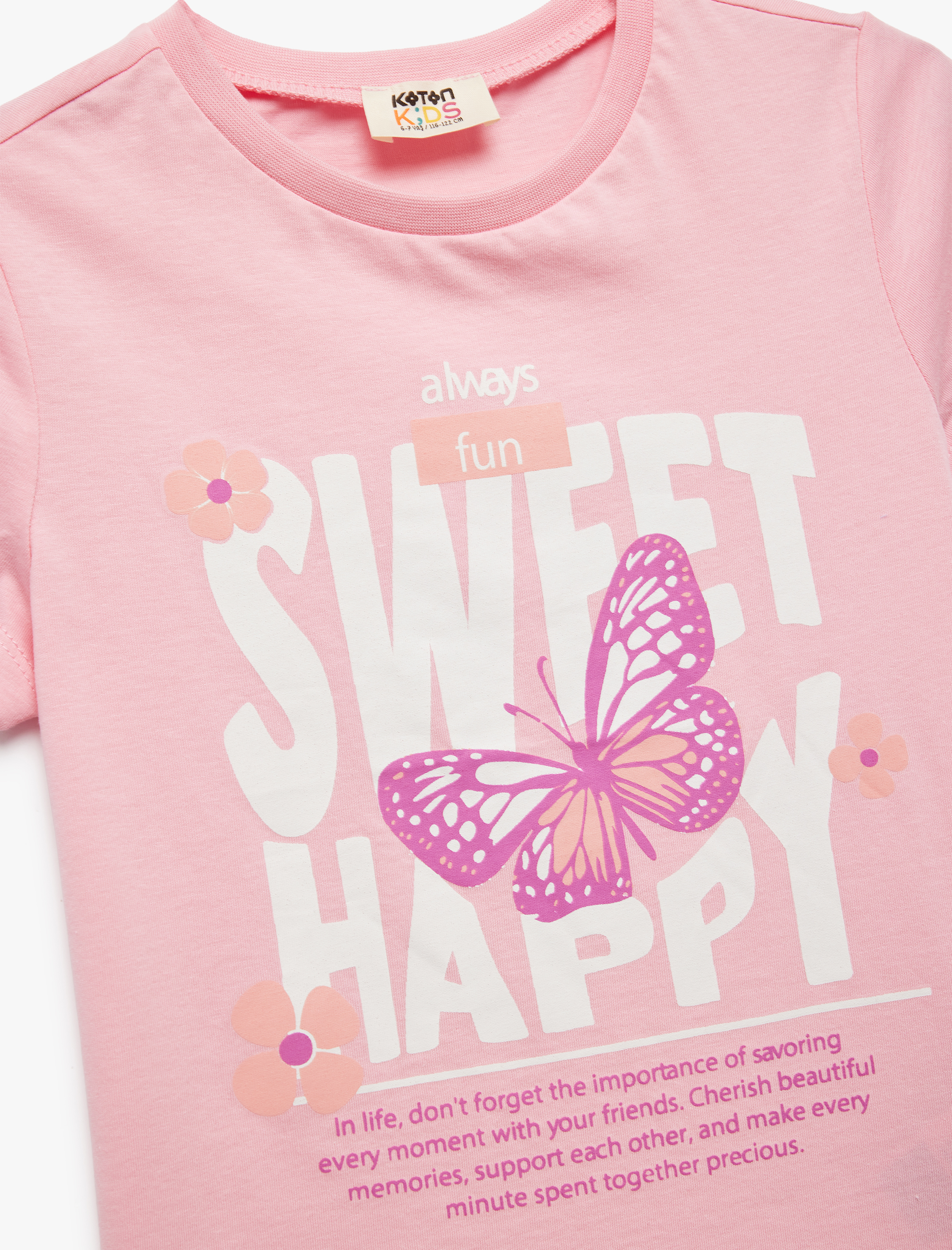  Kız Çocuk Kelebek Baskılı Bisiklet Yaka Pamuklu Kısa Kollu Tişört