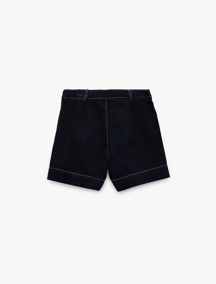 Kız Çocuk Pamuklu Cepli Dikiş Detaylı Bol Kalıp Yüksek Bel Şort