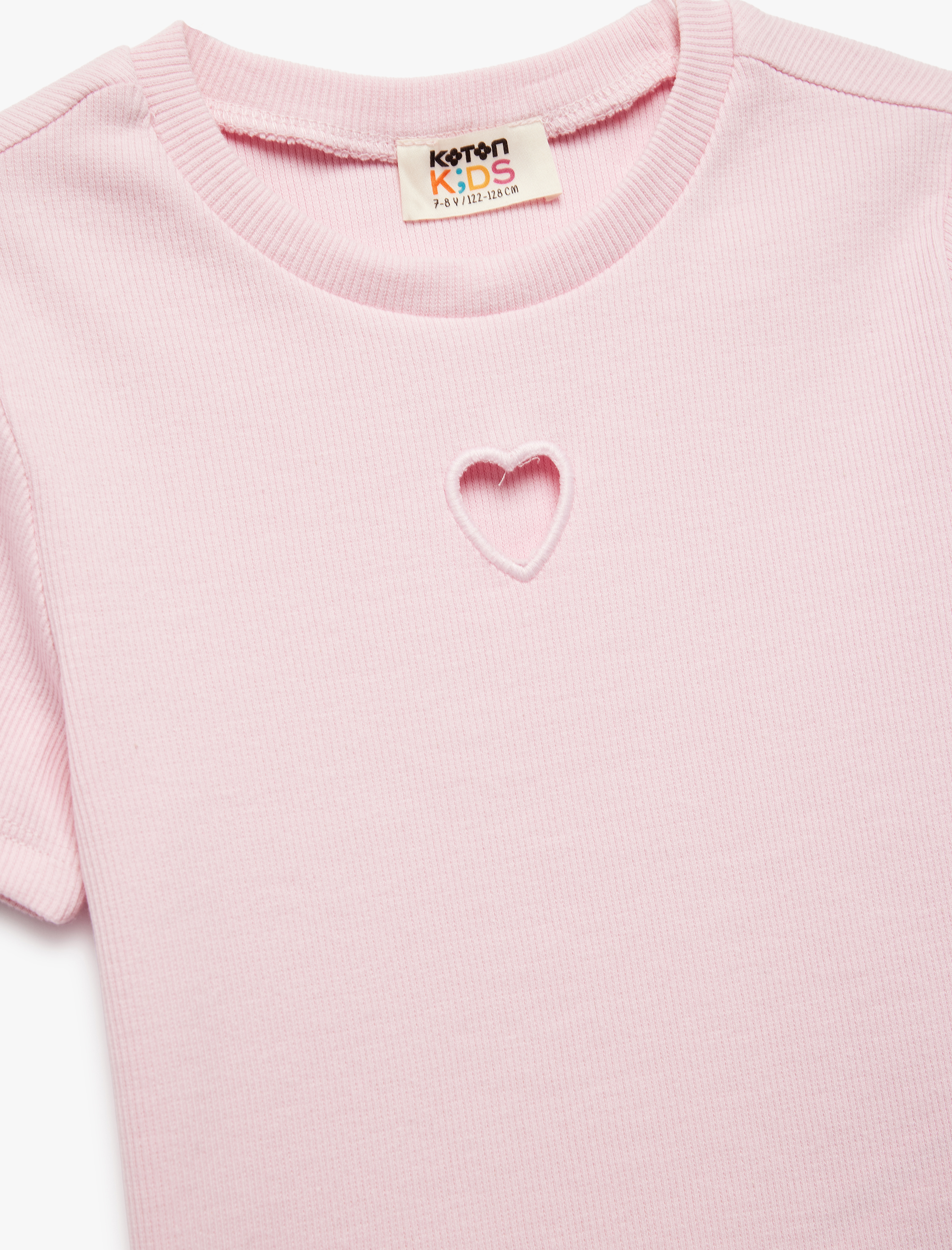  Kız Çocuk Pamuklu Kalp Detaylı Kısa Kollu Bisiklet Yaka Basic Crop Tişört