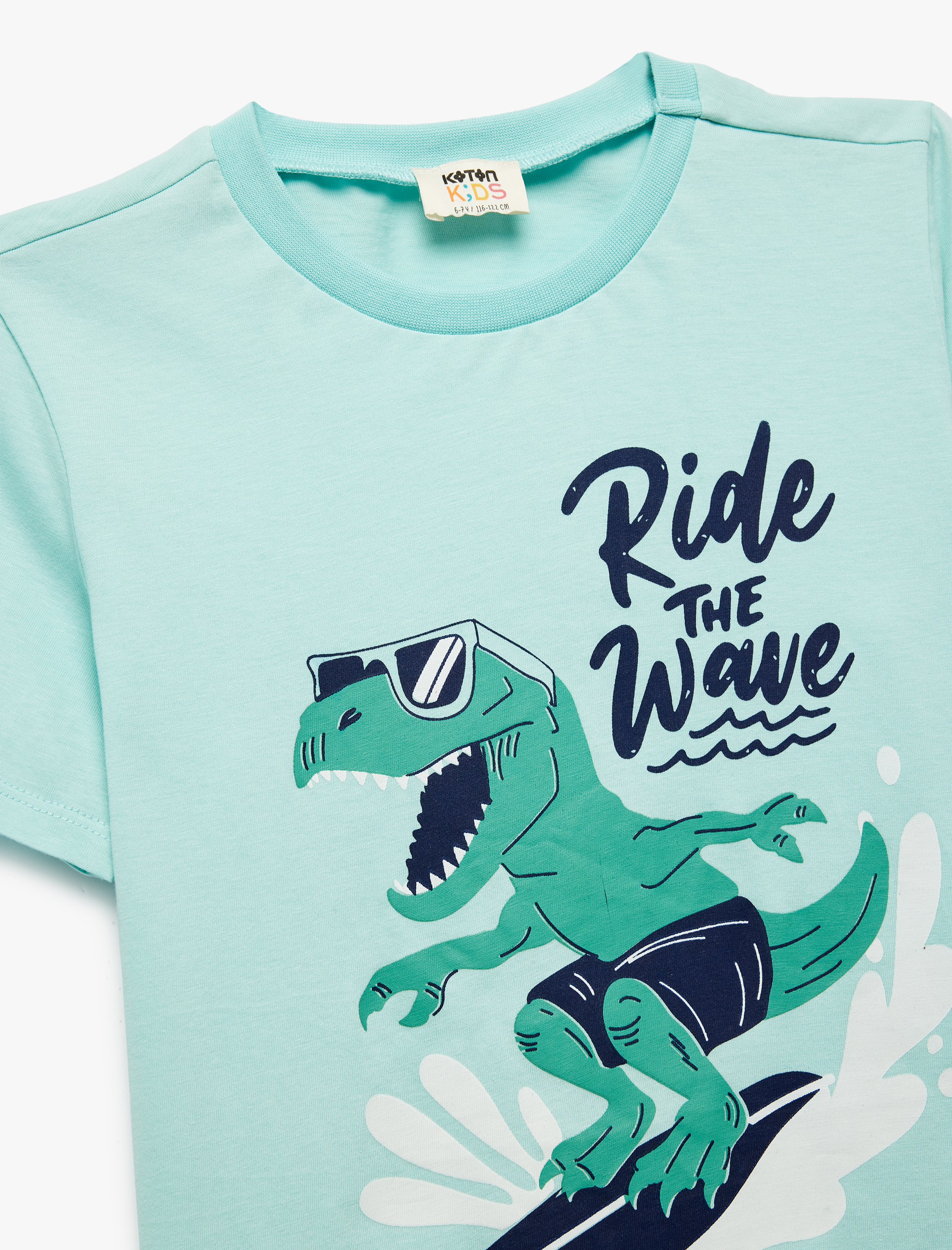  Erkek Çocuk Pamuklu Bisiklet Yaka Dinozor Baskılı  Kısa Kollu Tişört