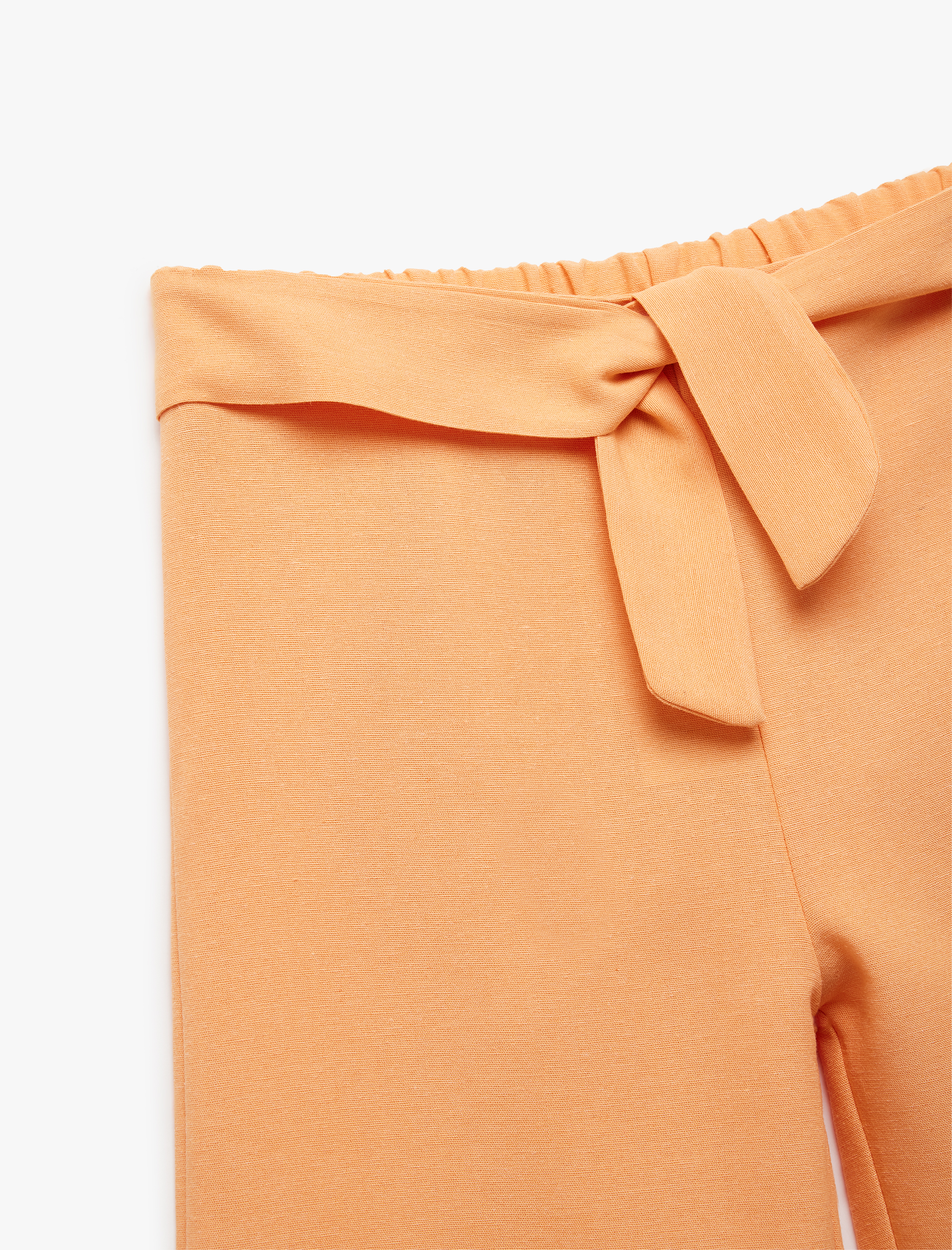  Kız Çocuk Bağlamalı Kemer Detaylı Keten Karışımlı Bol Paça Pantolon