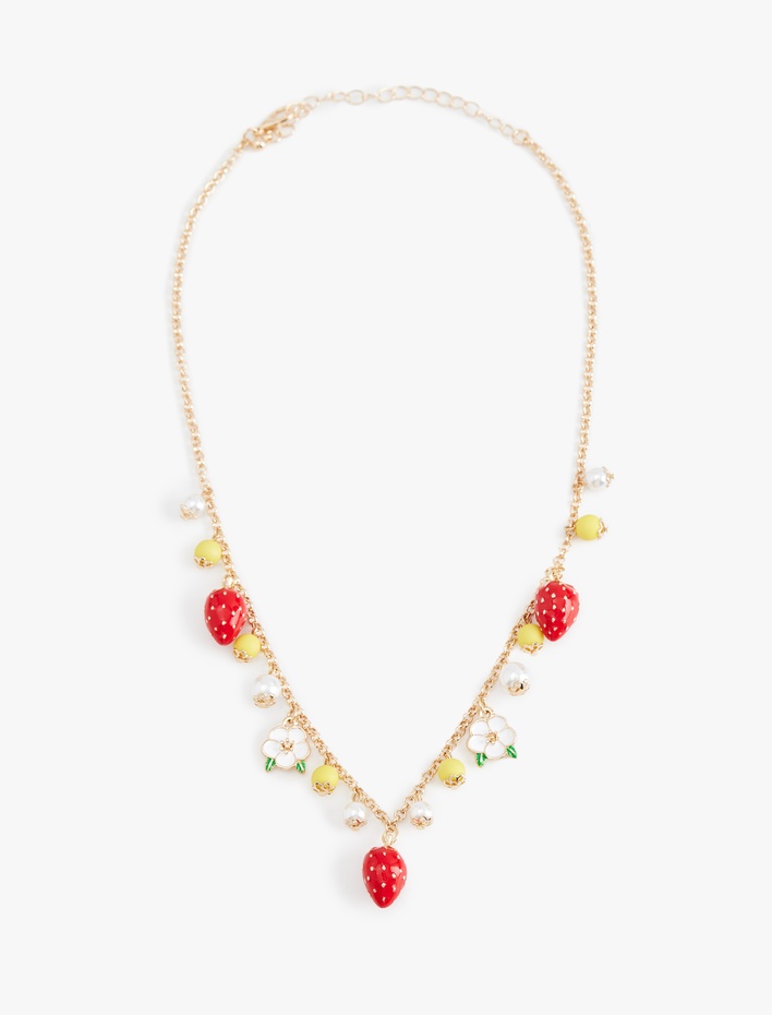 Kadın Koton X Sibil Çetinkaya - Çelik Karışımlı Çiçek ve Çilek Meyve Detaylı Kolye