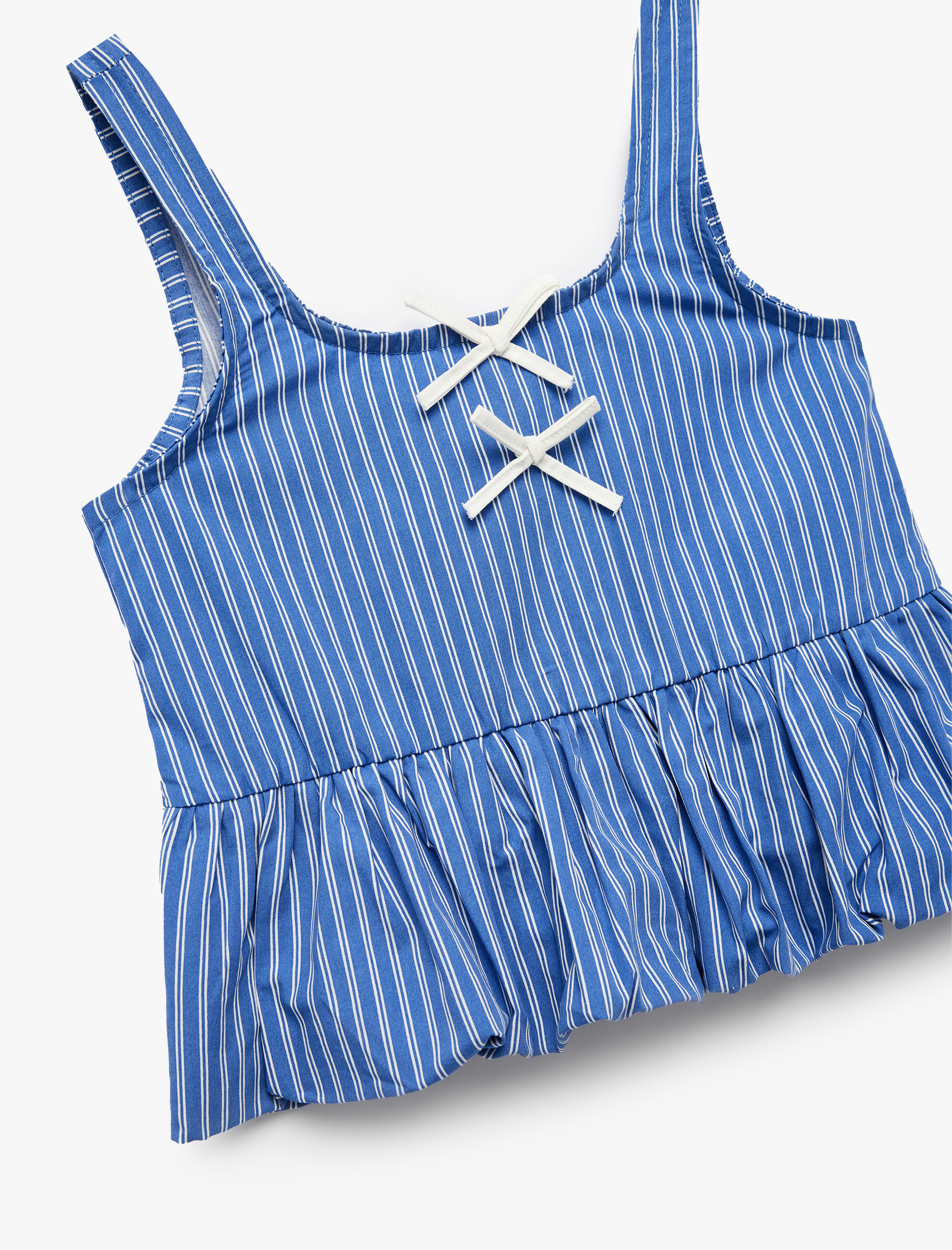  Kız Çocuk Pamuklu Kare Yaka Askılı Gipeli Fiyonklu Poplin Bluz