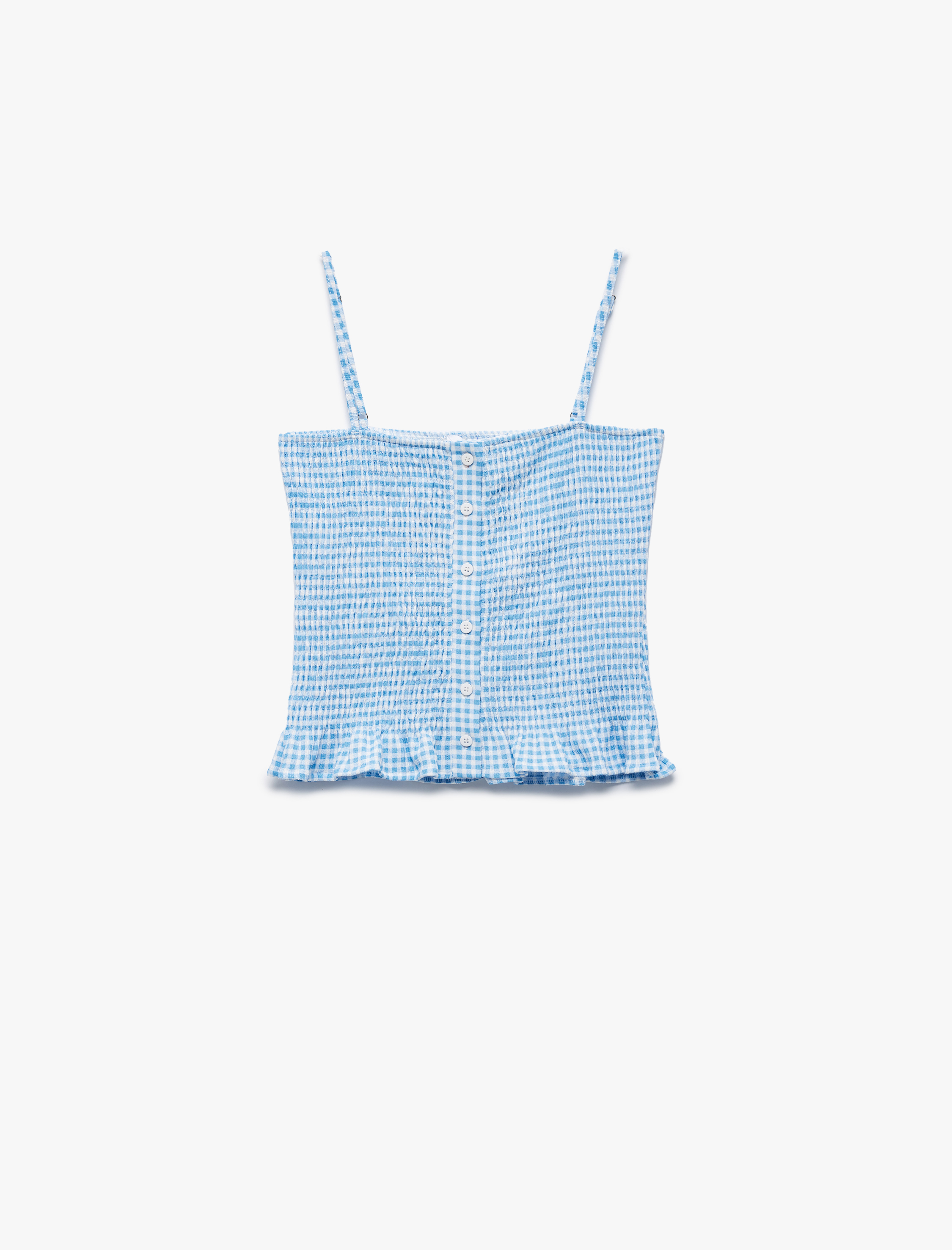   Gipeli Düğmeli Fırfırlı Dar Kesim Pötikareli İp Askılı Crop Bluz