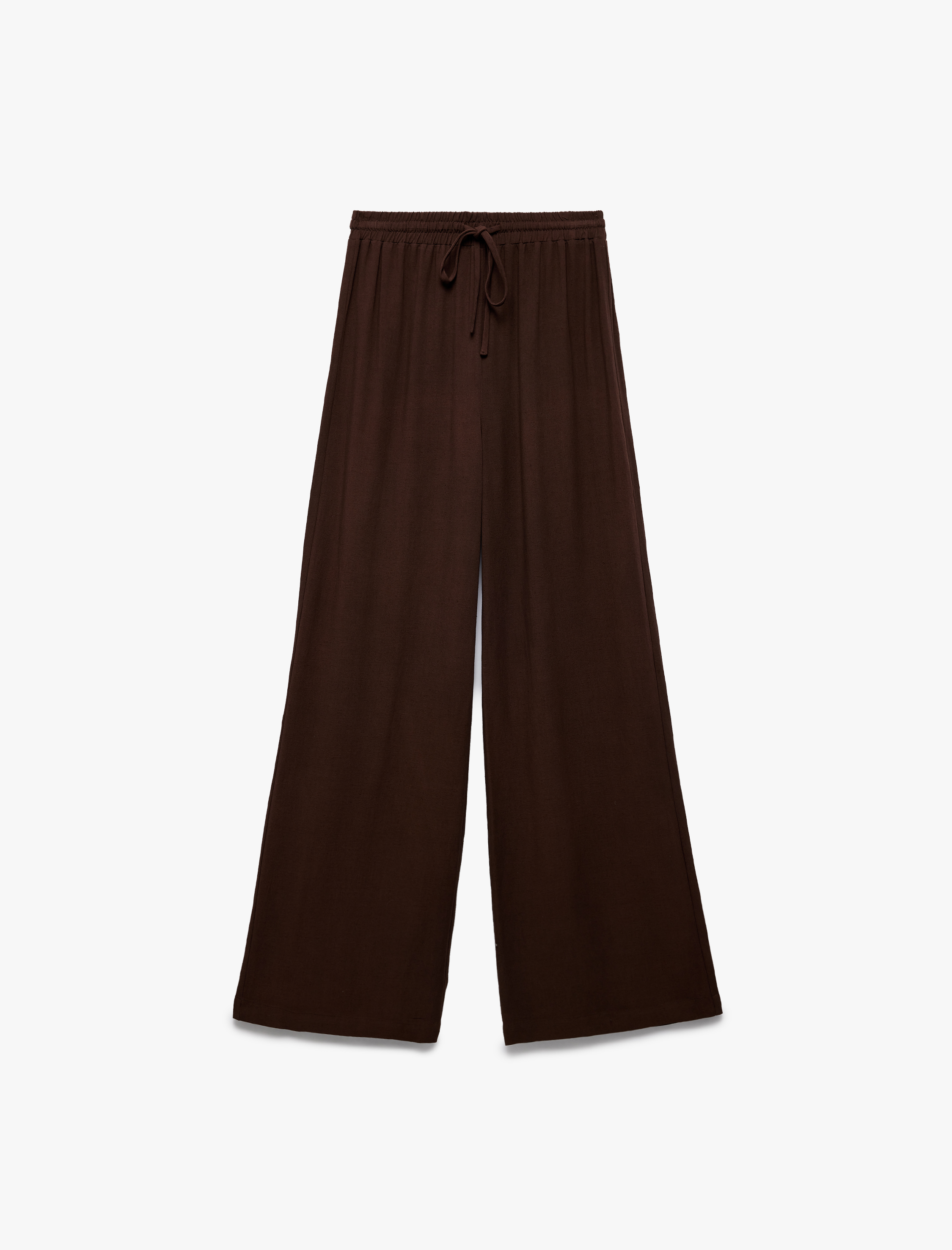   Beli Bağcıklı Rahat Kalıplı Keten Karışımlı Geniş Paça Pantolon