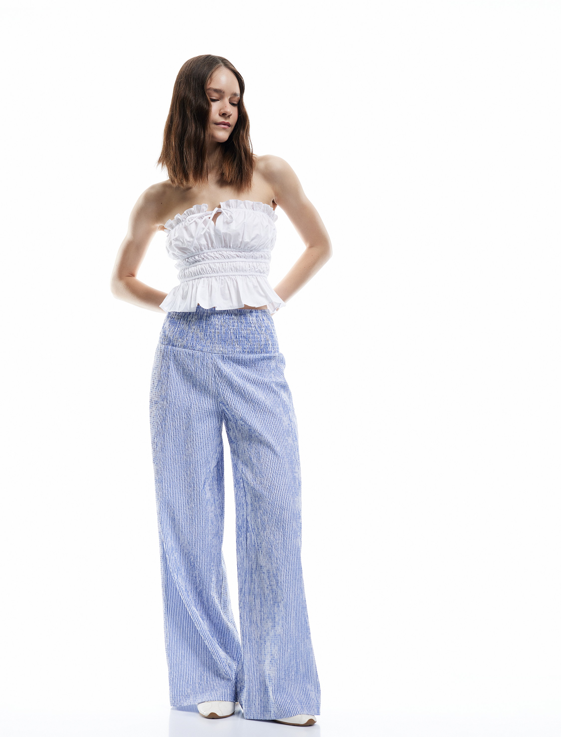   Koton X İnji - Beli Gipeli Rahat Kalıp Geniş Paça Çizgili Pantolon