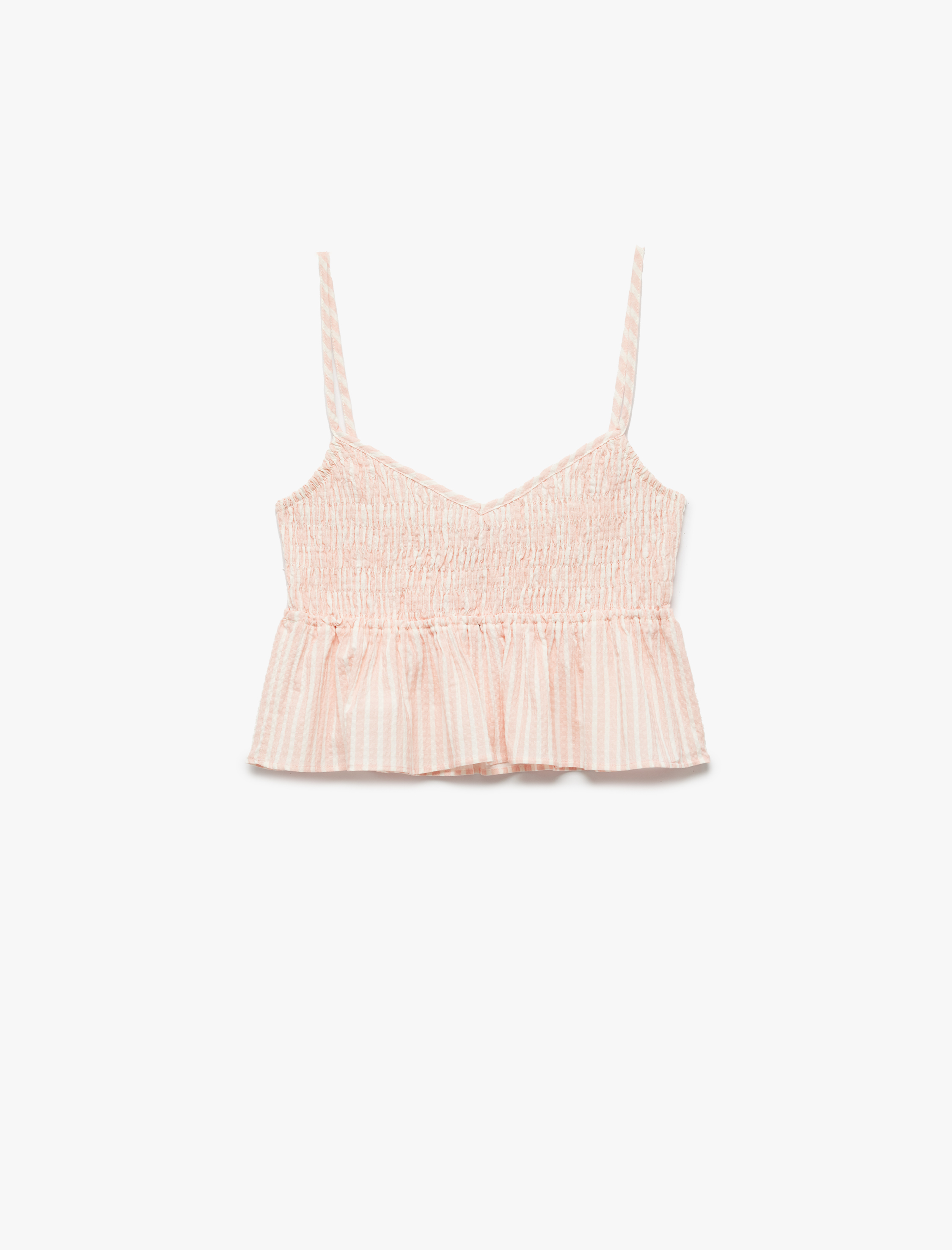   Koton X İnji - Viskon Karışımlı Gipeli V Yaka Askılı Volanlı Crop Bluz