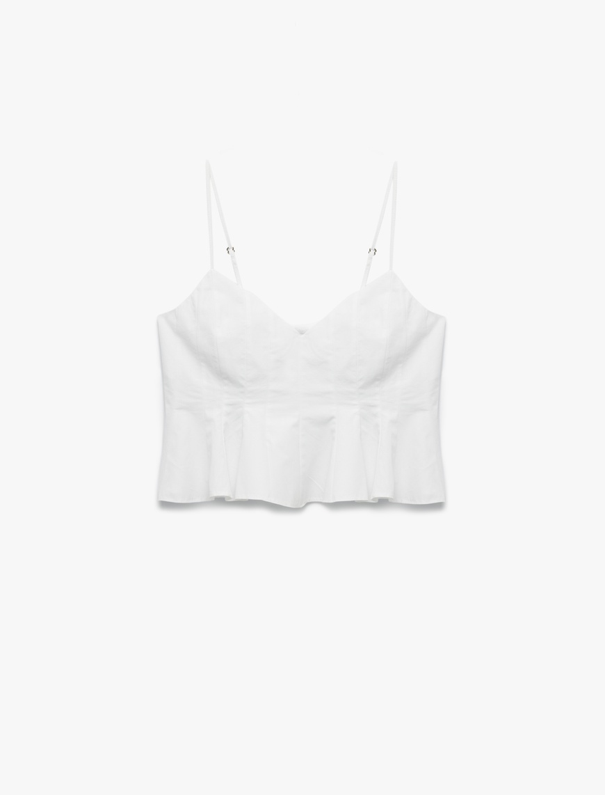   Koton X İnji - Volanlı V Yaka Pamuklu Askılı Slim Fit Dikiş Detaylı Crop Bluz