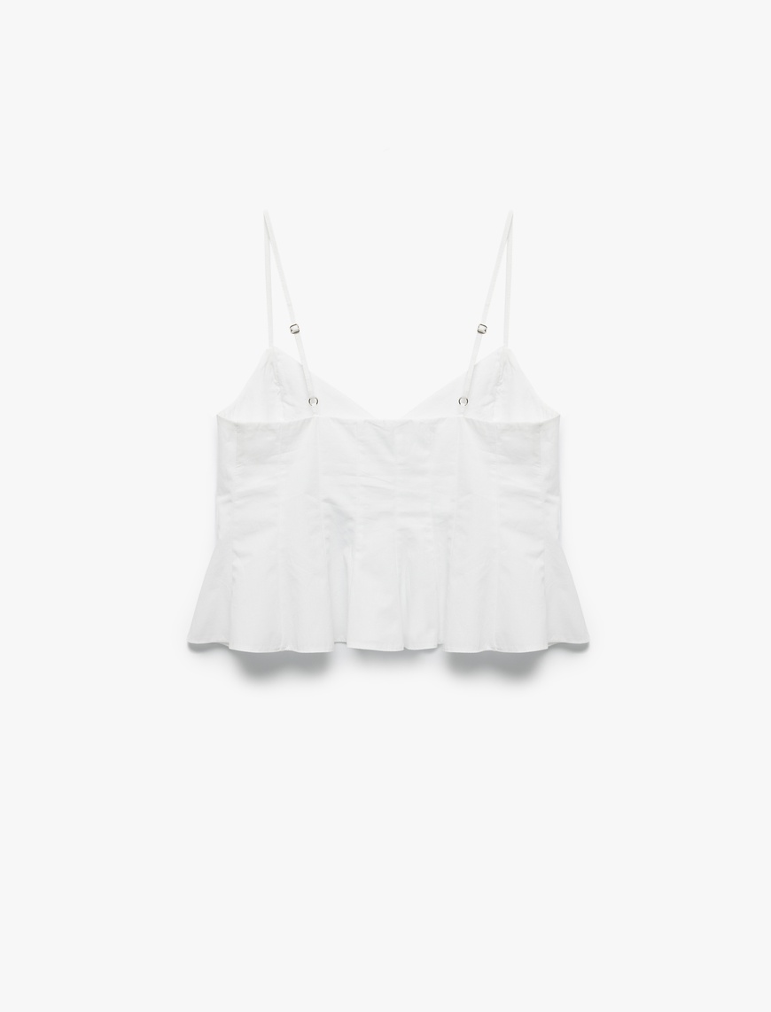   Koton X İnji - Volanlı V Yaka Pamuklu Askılı Slim Fit Dikiş Detaylı Crop Bluz