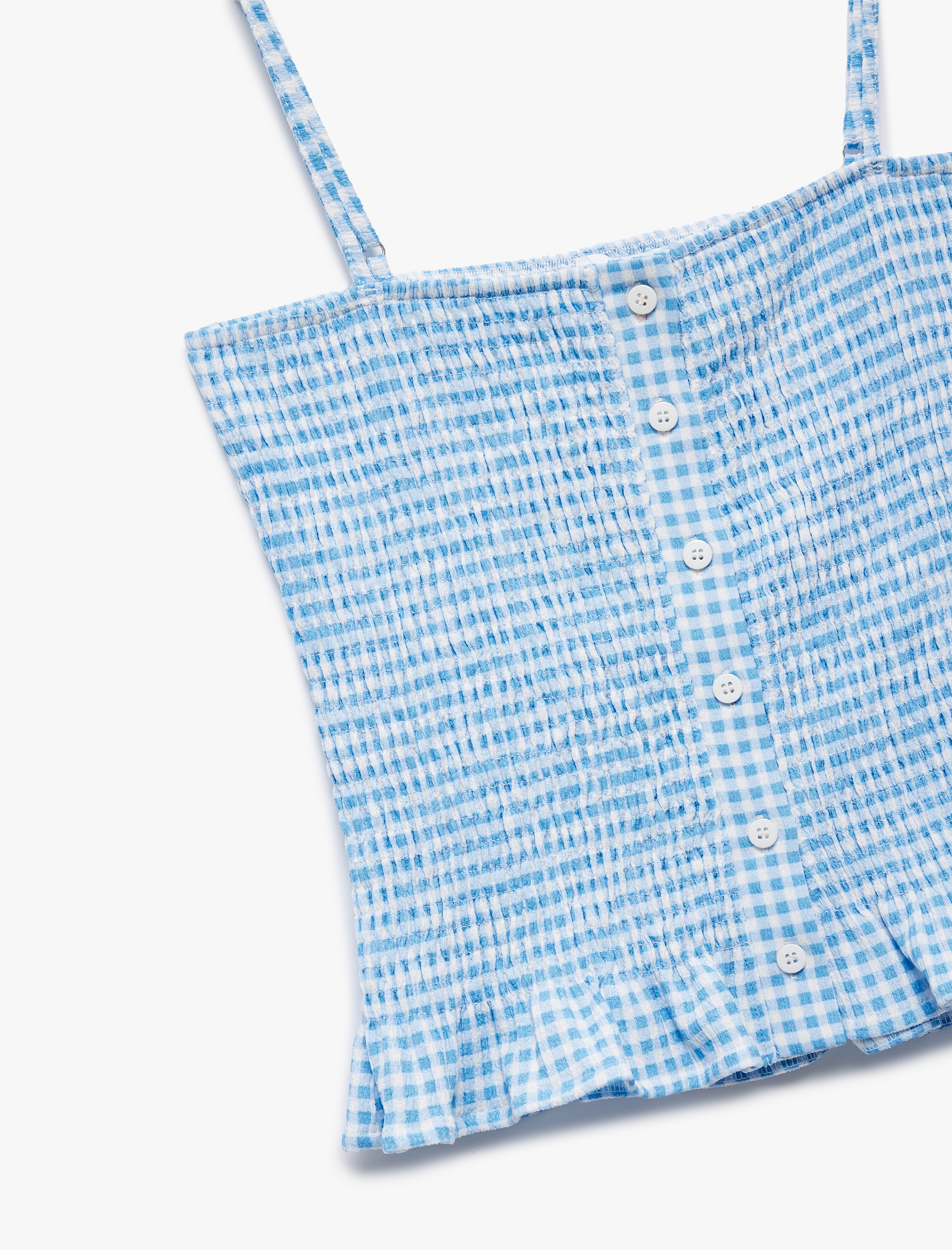   Gipeli Düğmeli Fırfırlı Dar Kesim Pötikareli İp Askılı Crop Bluz