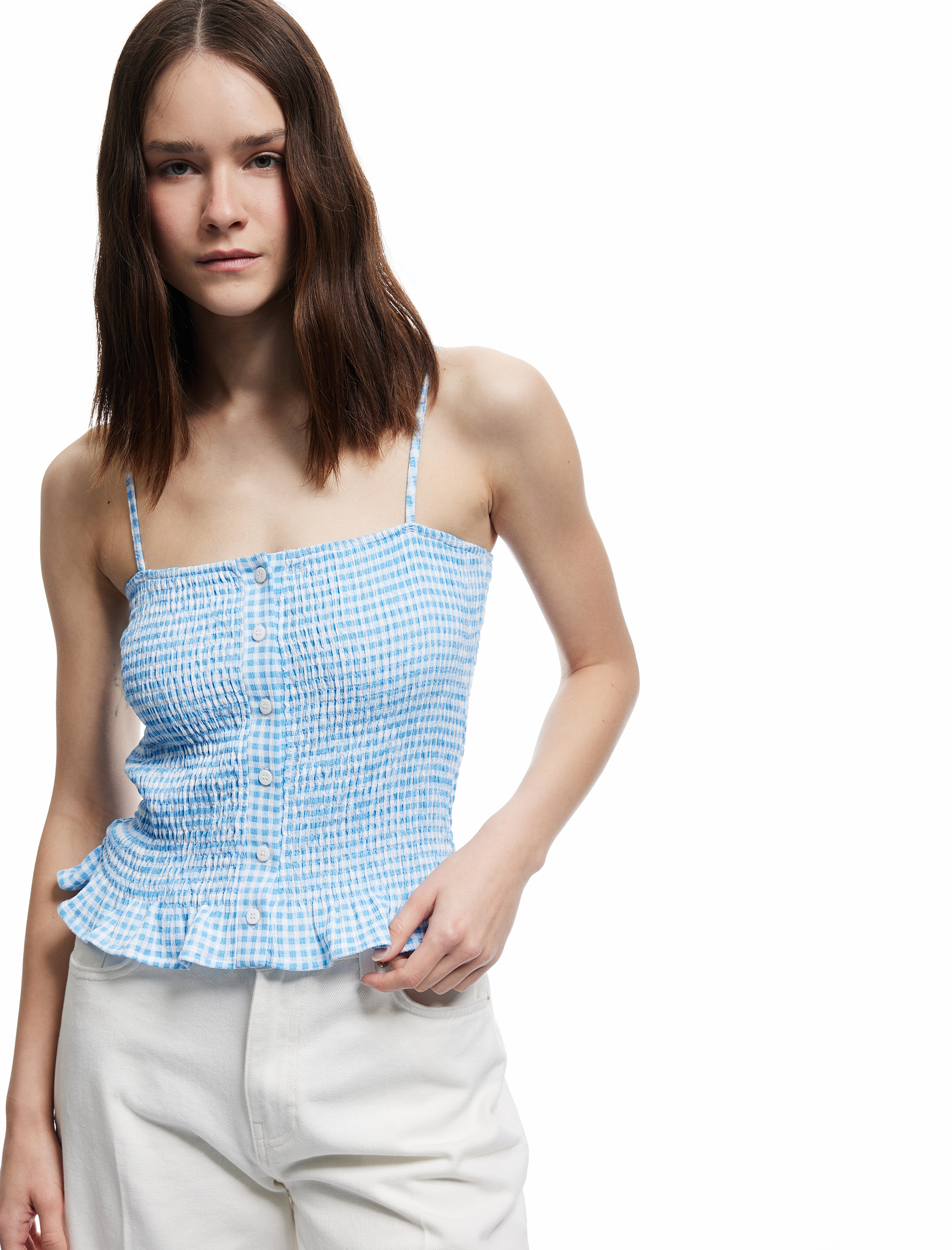   Gipeli Düğmeli Fırfırlı Dar Kesim Pötikareli İp Askılı Crop Bluz