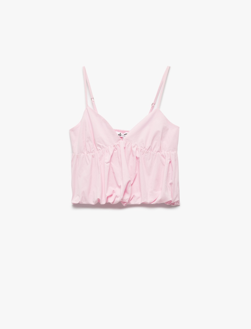   Koton X İnji - Volanlı V Yaka Pamuklu Slim Fit Askılı Poplin Crop Bluz