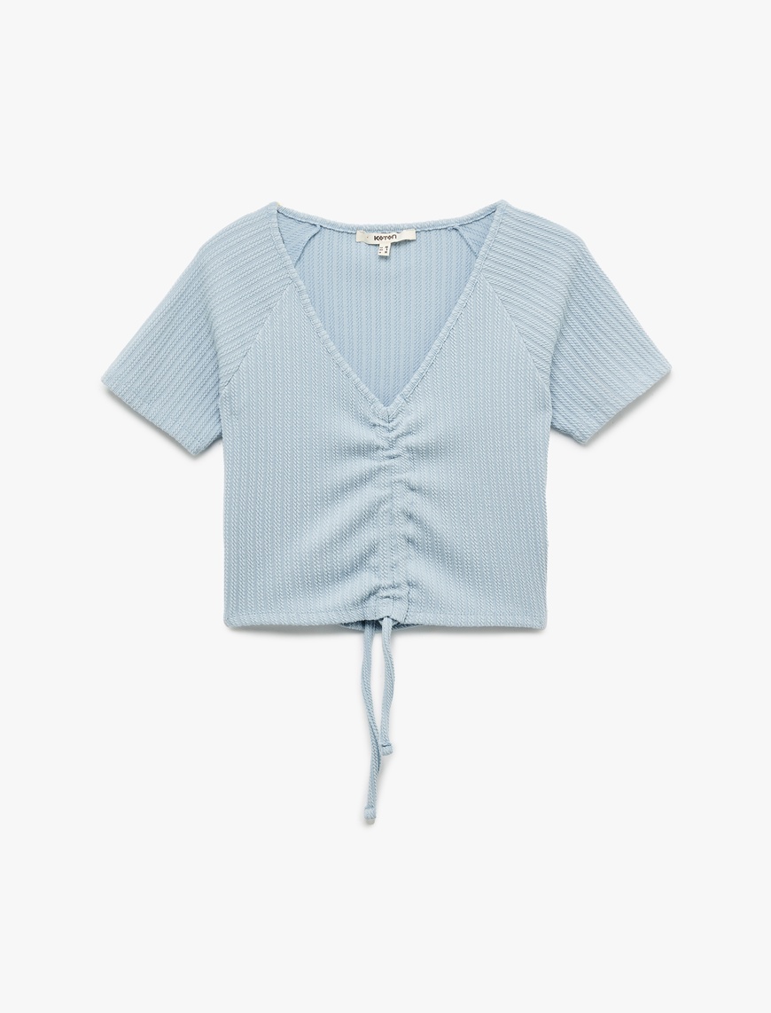   Büzgülü Slim Fit V Yaka Kısa Kollu Crop Tişört
