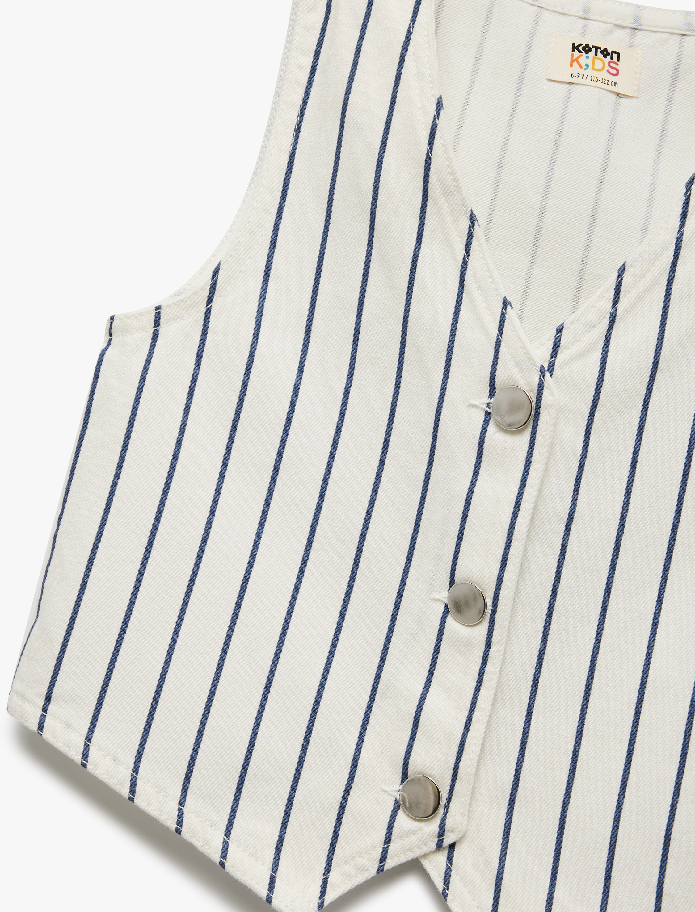  Kız Çocuk Pamuklu V Yaka Kolsuz Düğmeli Çizgili Crop Denim Yelek