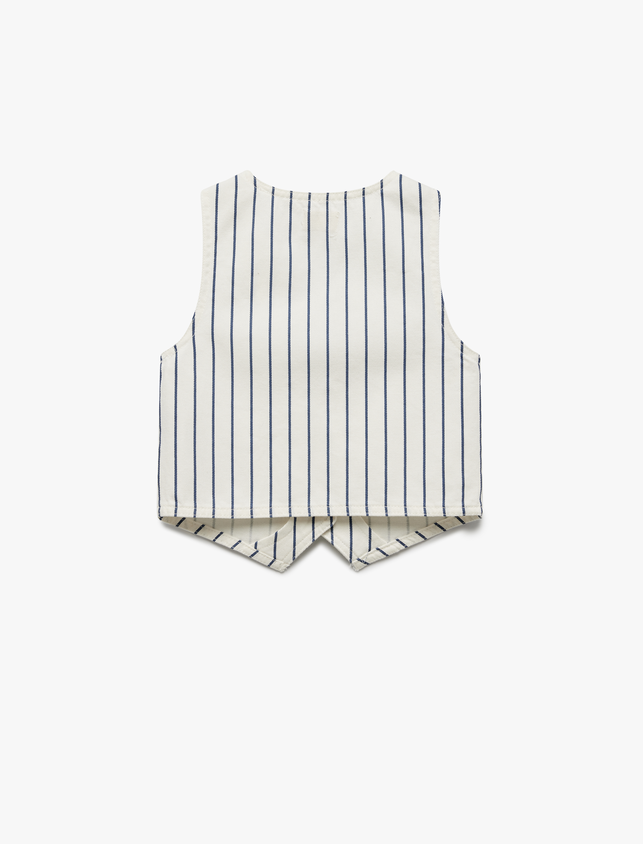  Kız Çocuk Pamuklu V Yaka Kolsuz Düğmeli Çizgili Crop Denim Yelek