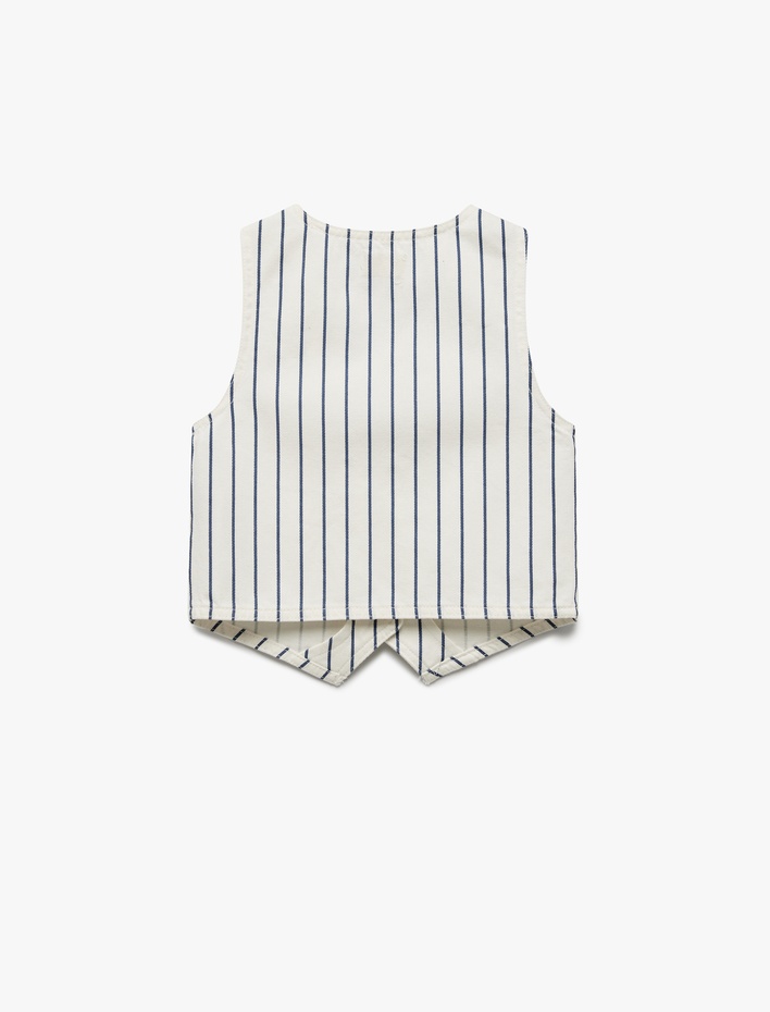 Kız Çocuk Pamuklu V Yaka Kolsuz Düğmeli Çizgili Crop Denim Yelek