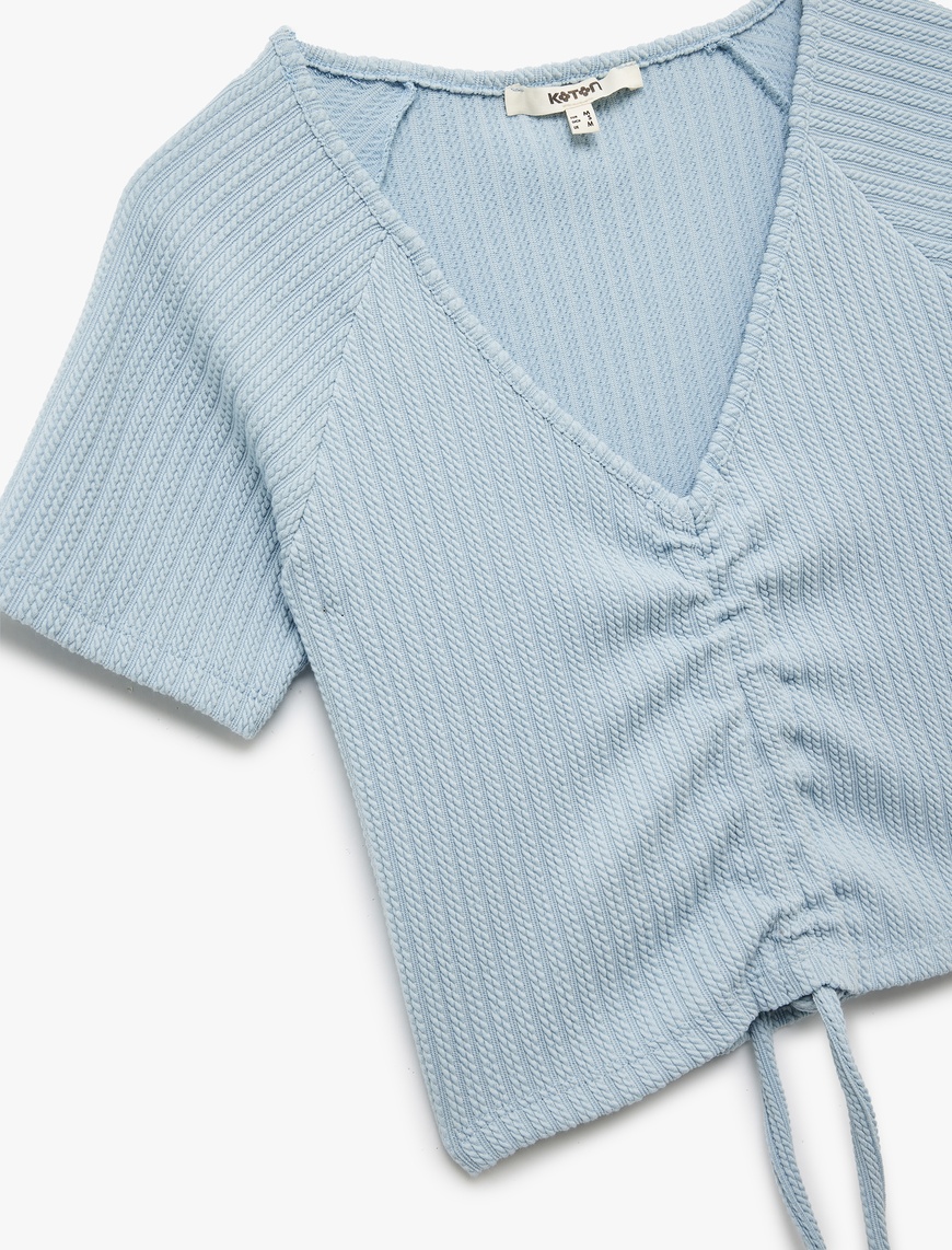   Büzgülü Slim Fit V Yaka Kısa Kollu Crop Tişört