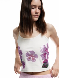 Koton X İnji - Pamuklu Çiçekli Kolsuz Askılı Pullu Payetli Crop Bluz