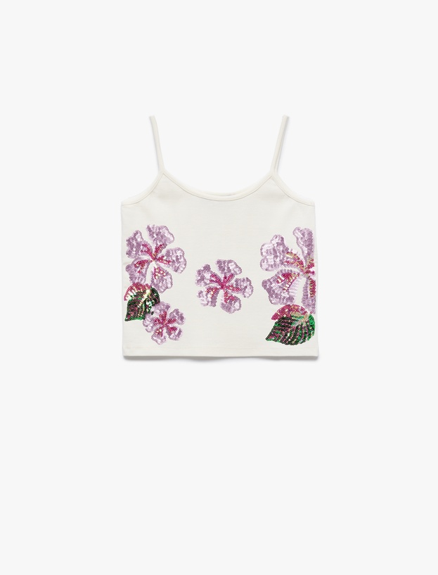 Koton X İnji - Pamuklu Çiçekli Kolsuz Askılı Pullu Payetli Crop Bluz_2