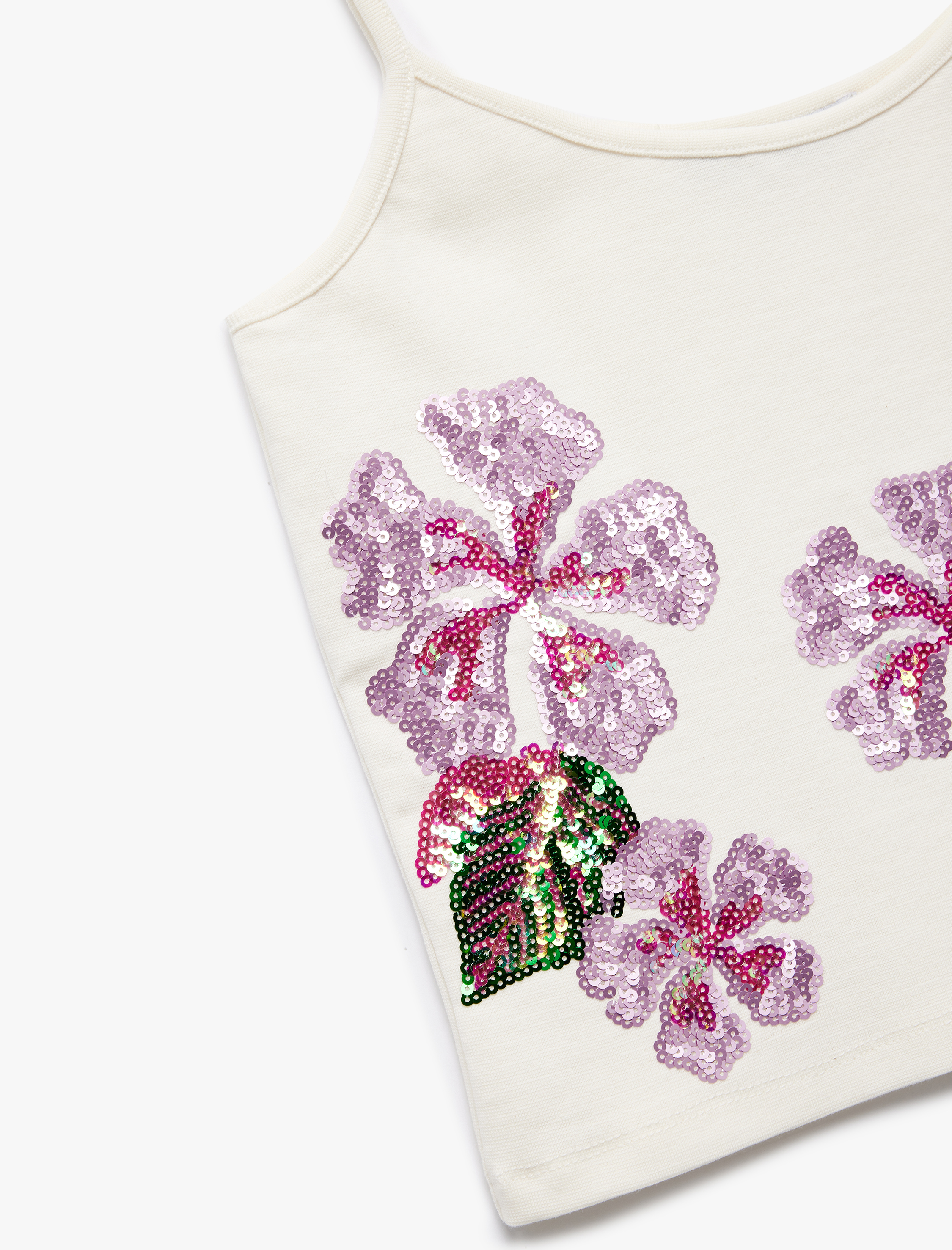   Pamuklu Çiçekli Kolsuz Askılı Pullu Payetli Crop Bluz