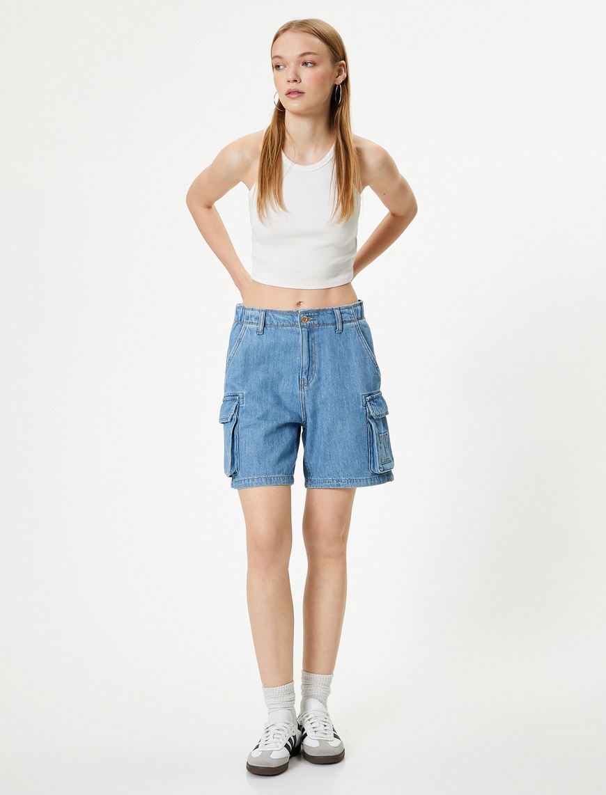   Denim Kargo Bermuda Şort Cepli Standart Bel