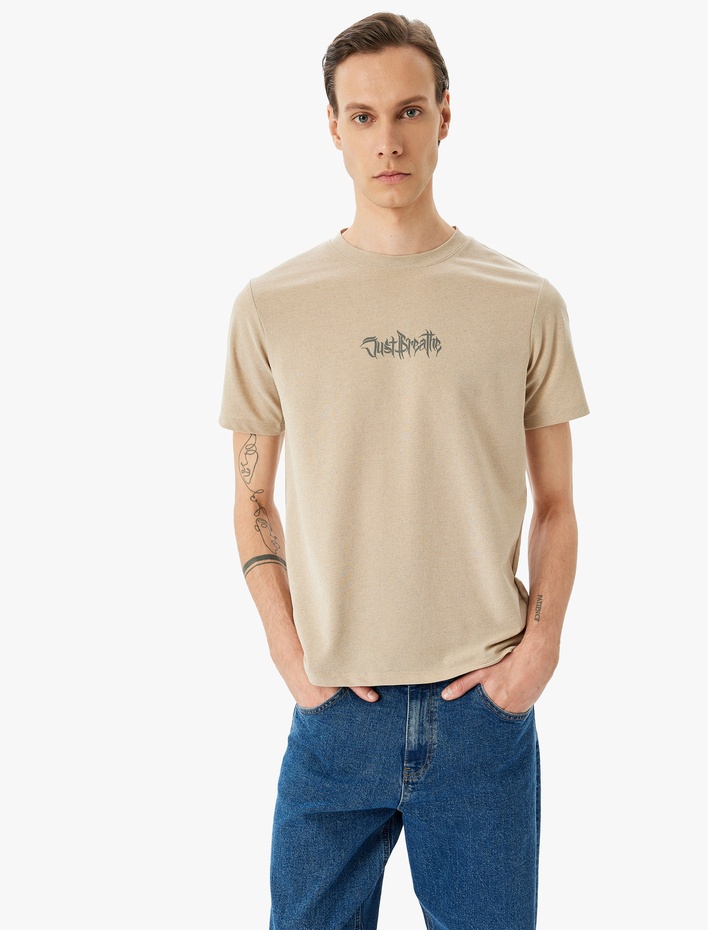  Slogan Baskılı Kısa Kollu Pike Kumaş Bisiklet Yaka Slim Fit Tişört