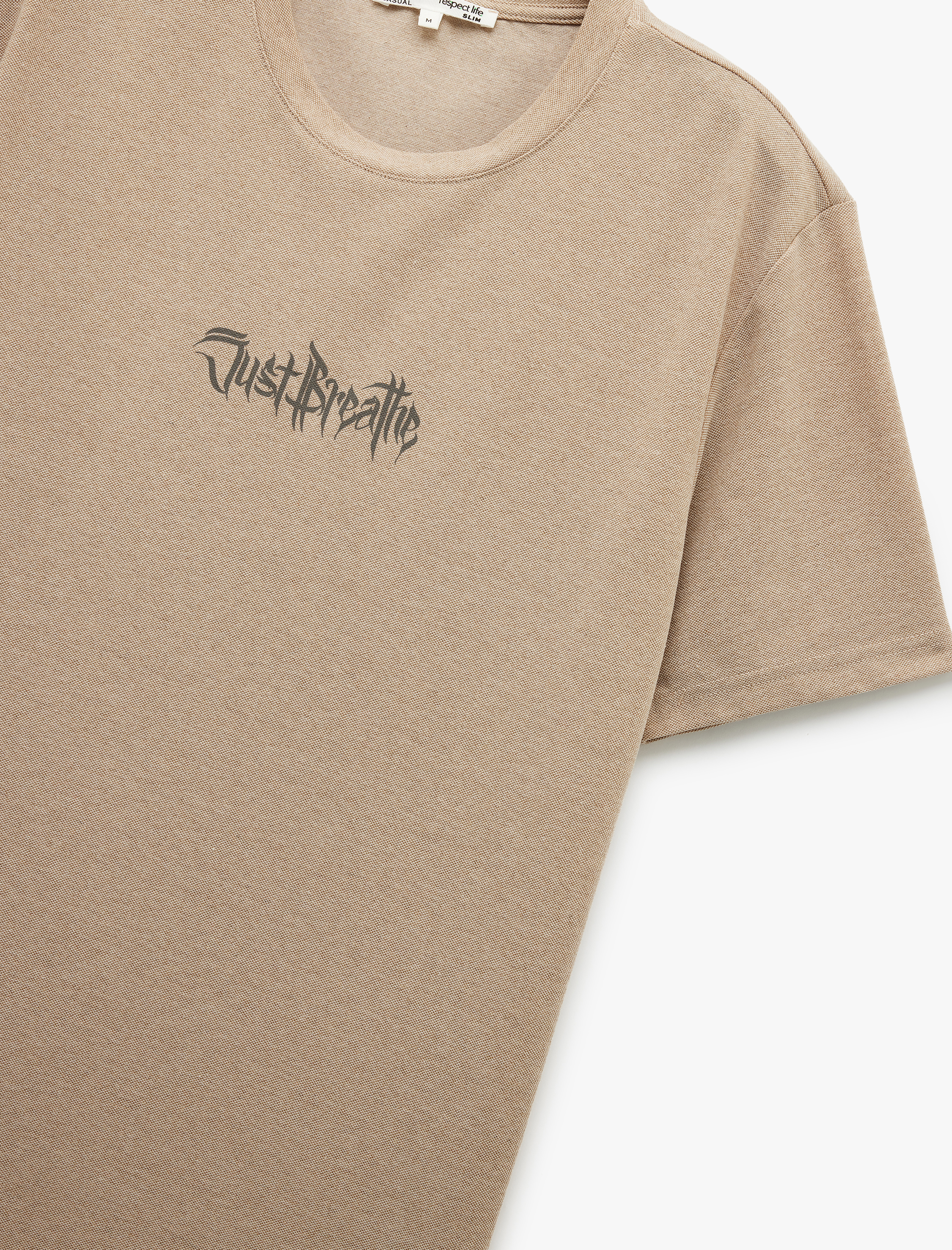   Slogan Baskılı Kısa Kollu Pike Kumaş Bisiklet Yaka Slim Fit Tişört