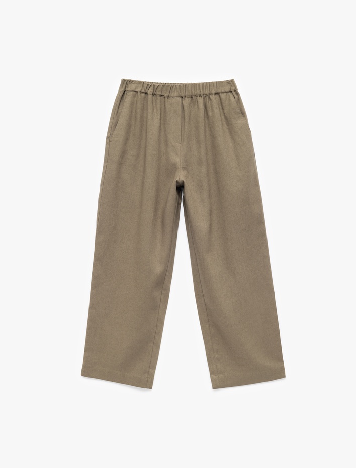  Beli Lastikli Astarlı Cepli Bol Paça Keten Pantolon