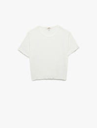 Bisiklet Yaka Kısa Kollu Slim Fit Dokulu Crop Tişört