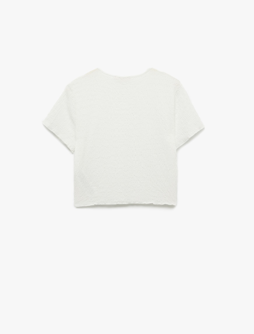   Bisiklet Yaka Kısa Kollu Slim Fit Dokulu Crop Tişört