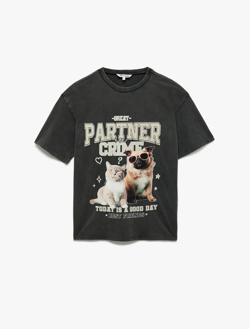   Bisiklet Yaka Kısa Kollu Pamuklu Kedi ve Köpek Baskılı Oversize Tişört