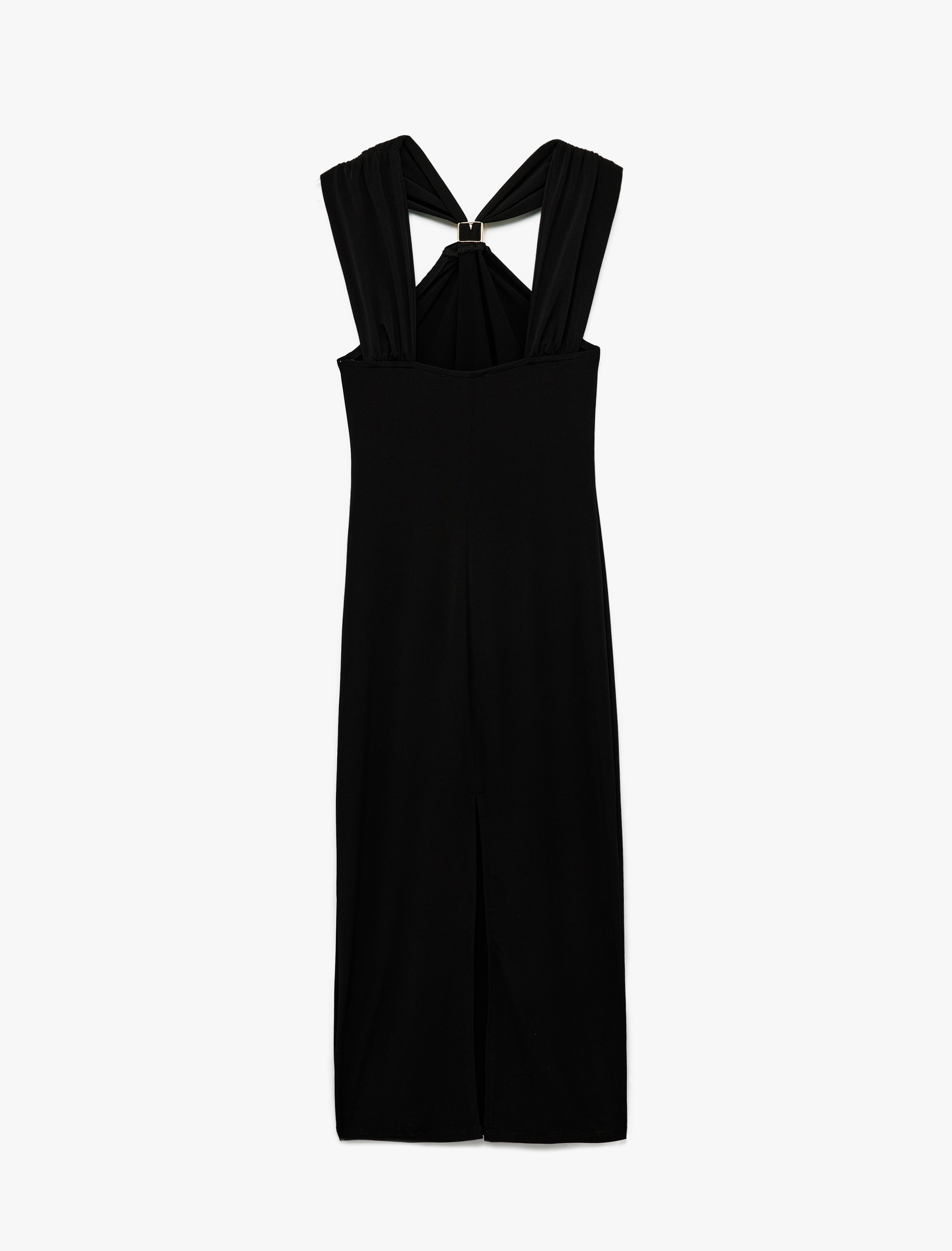   Sandy Kumaş Slim Fit Kolsuz Aksesuarlı Asimetrik Halter Yaka Midi Elbise