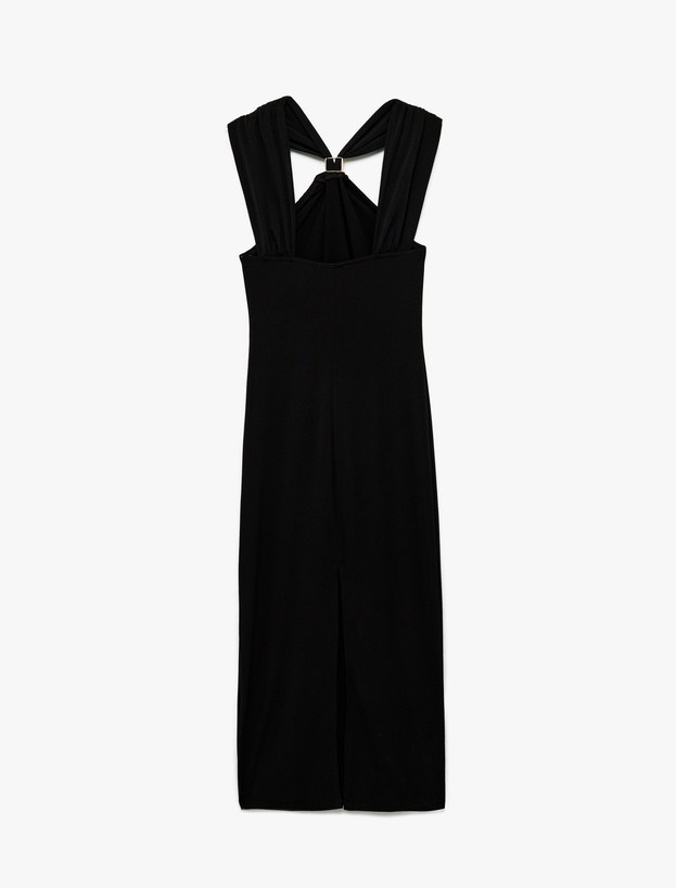 Sandy Kumaş Slim Fit Kolsuz Aksesuarlı Asimetrik Halter Yaka Midi Elbise_4