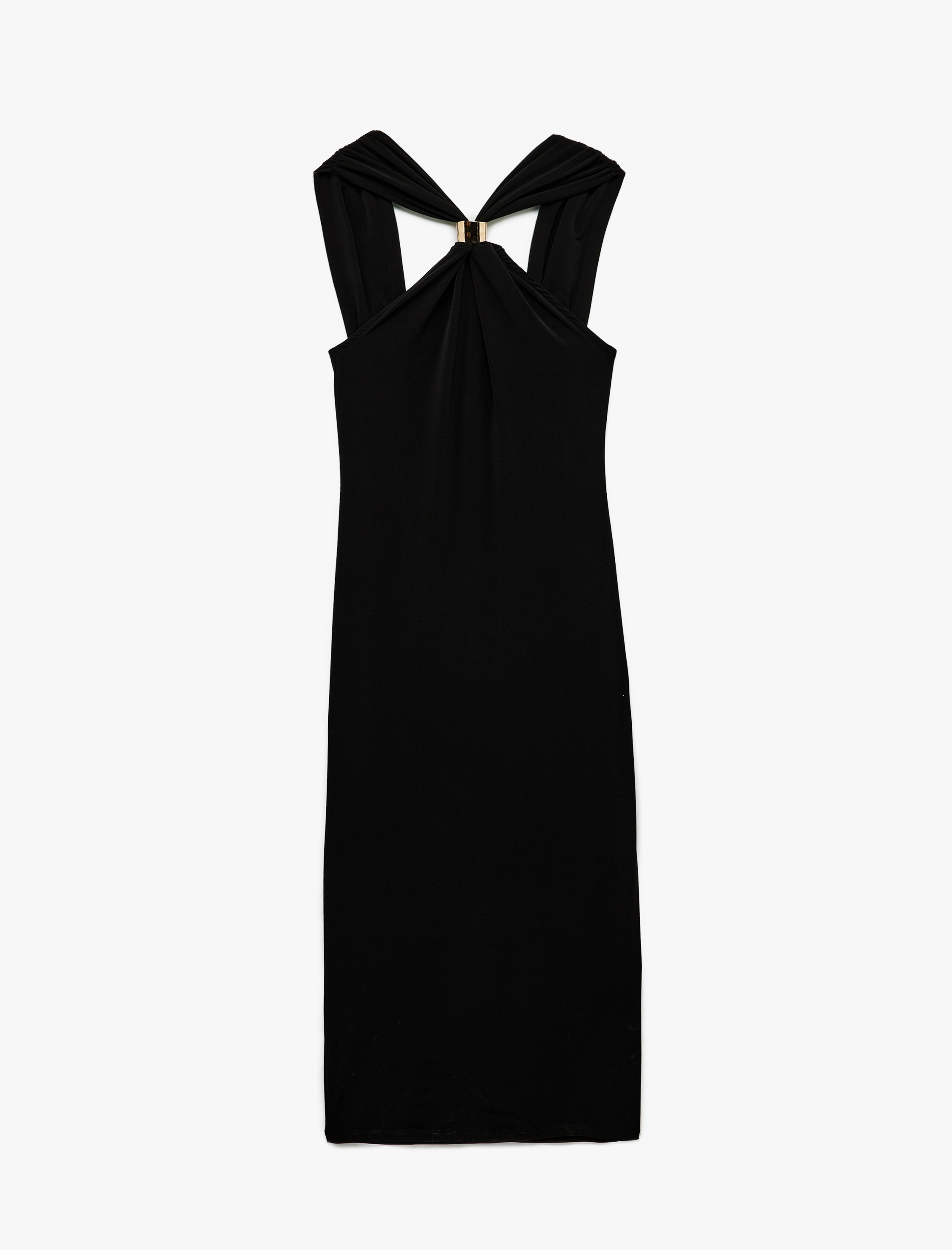   Sandy Kumaş Slim Fit Kolsuz Aksesuarlı Asimetrik Halter Yaka Midi Elbise