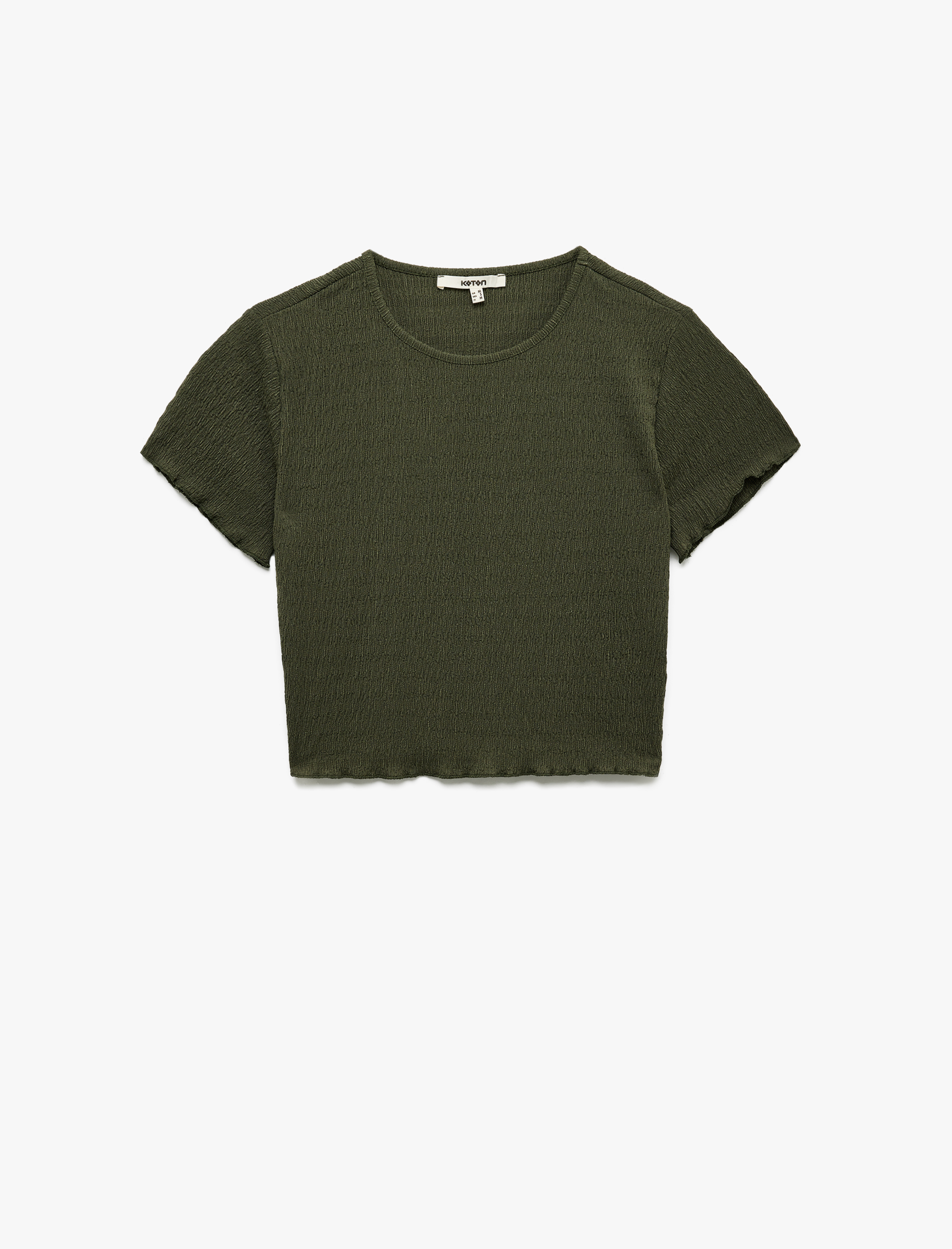 Bisiklet Yaka Kısa Kollu Slim Fit Dokulu Crop Tişört