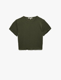 Bisiklet Yaka Kısa Kollu Slim Fit Dokulu Crop Tişört