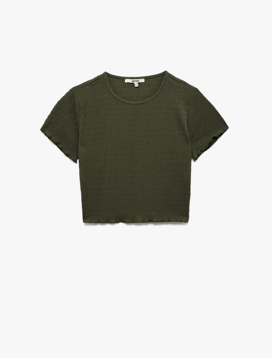   Bisiklet Yaka Kısa Kollu Slim Fit Dokulu Crop Tişört