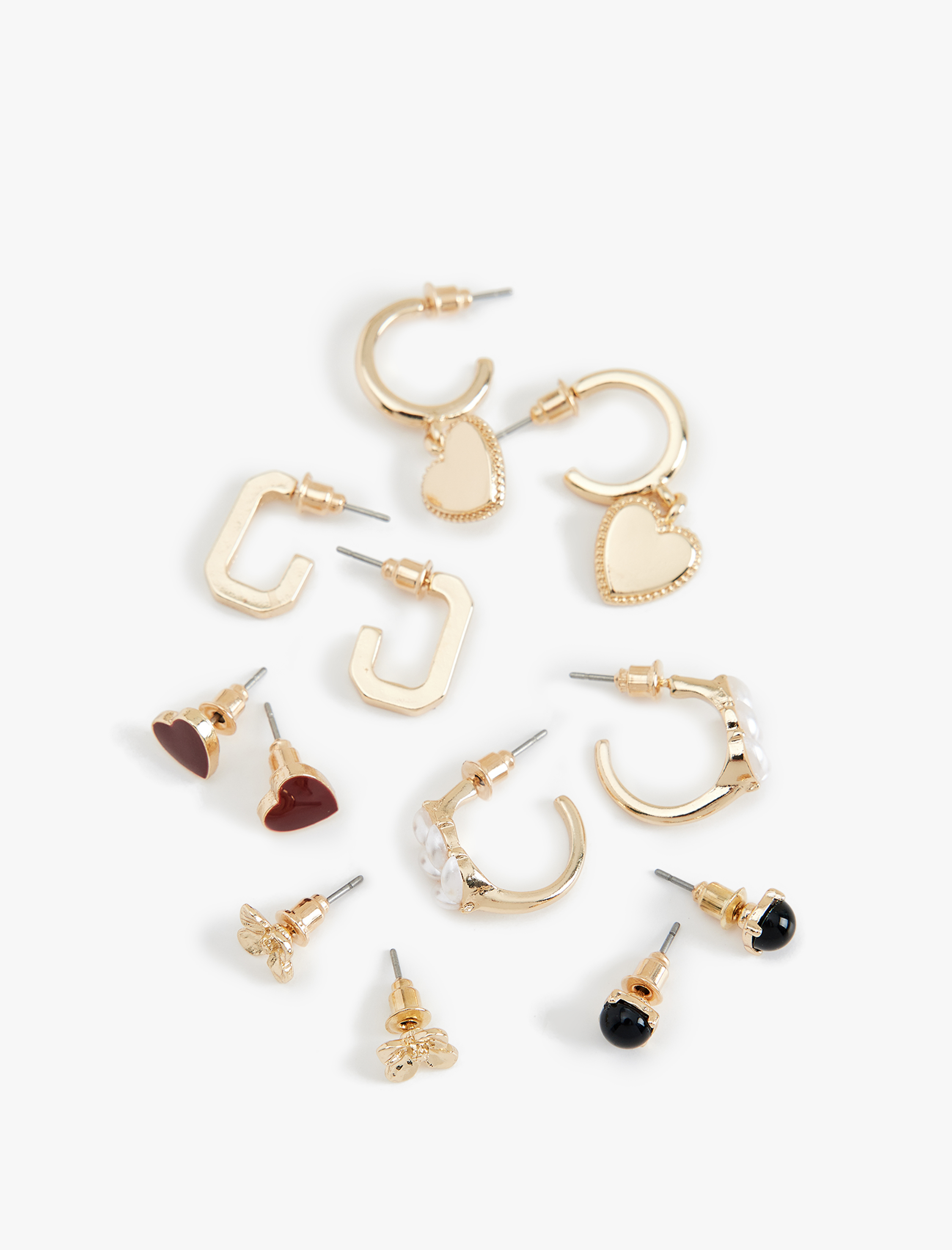  Kadın Taş Detaylı Kalpli 6'lı Top ve Halka Küpe Seti