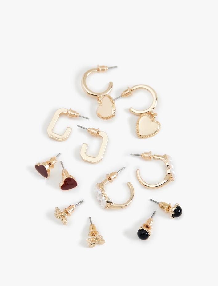 Kadın Taş Detaylı Kalpli 6'lı Top ve Halka Küpe Seti