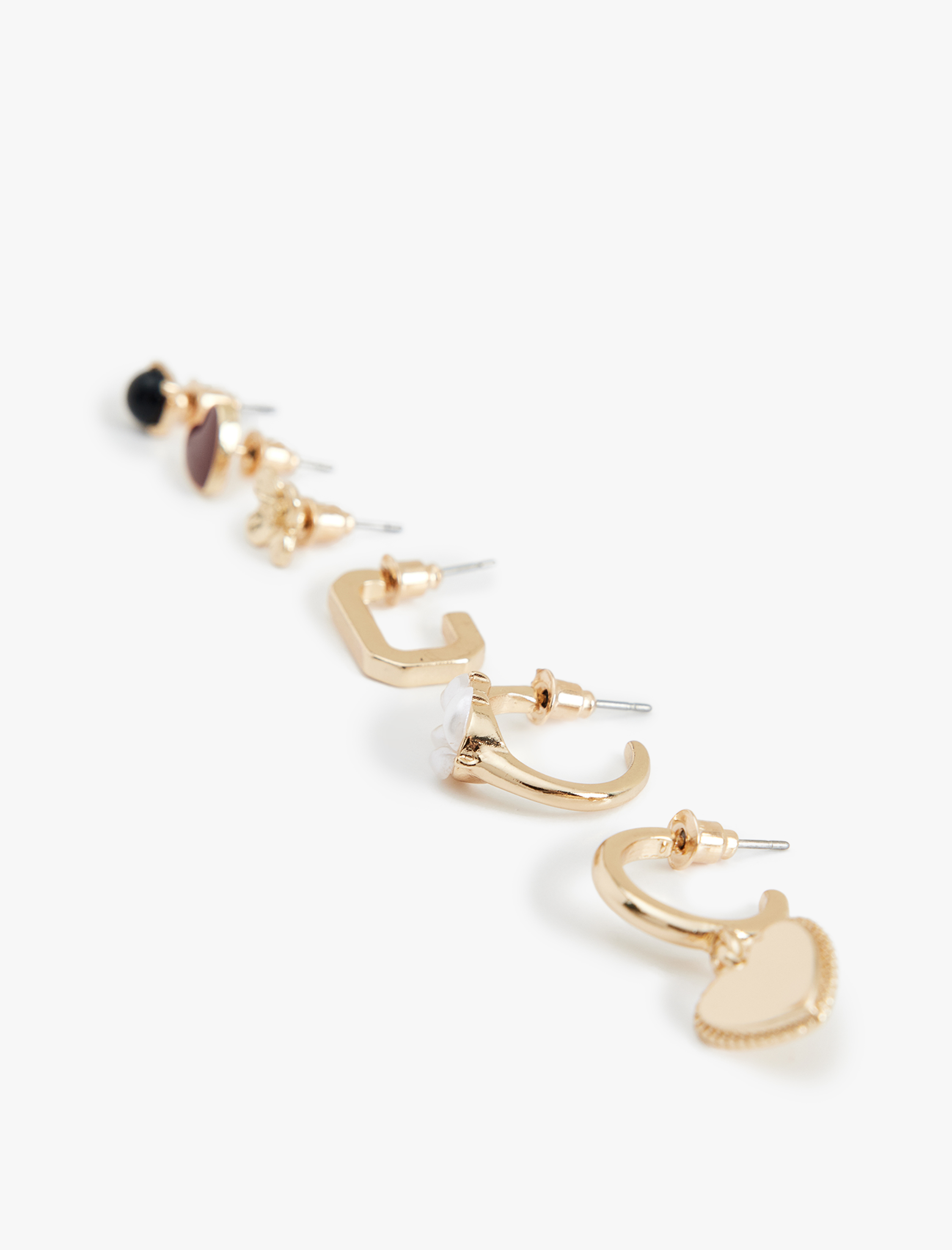  Kadın Taş Detaylı Kalpli 6'lı Top ve Halka Küpe Seti