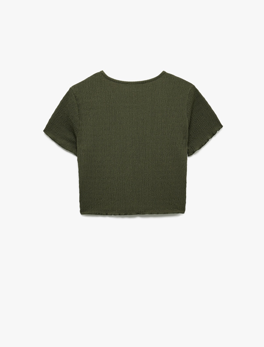   Bisiklet Yaka Kısa Kollu Slim Fit Dokulu Crop Tişört
