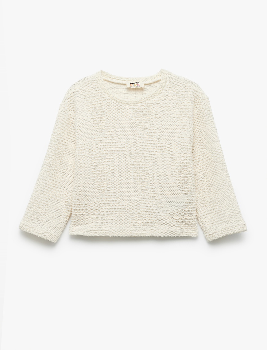  Kız Çocuk Dokulu 3/4 Kollu Bisiklet Yaka Crop Sweatshirt