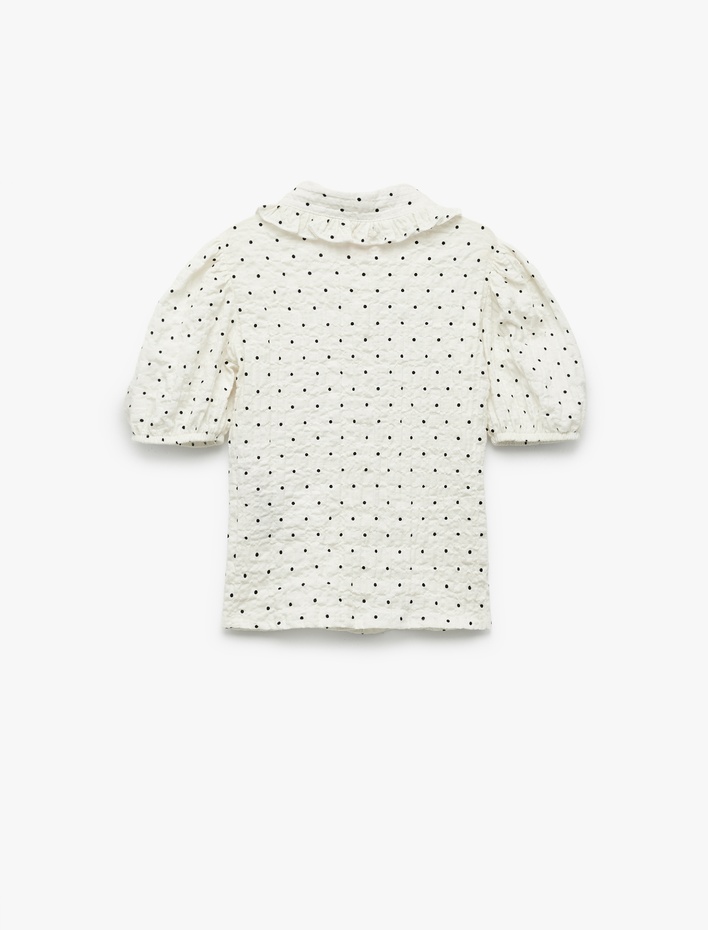 Kız Bebek Bebe Yaka Dokulu Rahat Kesim Kısa Kollu Pamuklu Puantiyeli Balon Kollu Gömlek