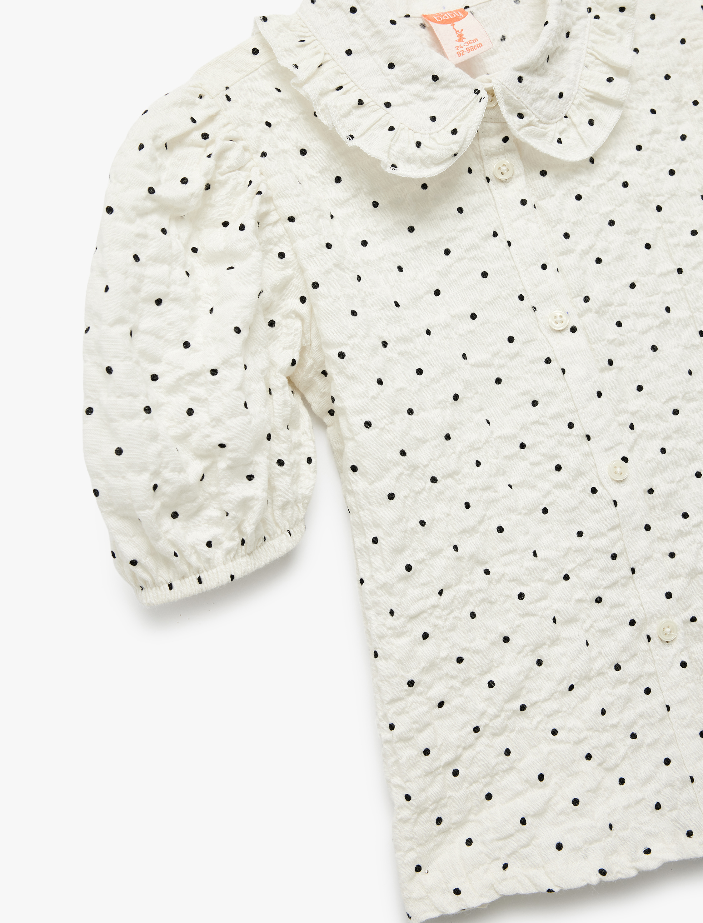  Kız Bebek Bebe Yaka Dokulu Rahat Kesim Kısa Kollu Pamuklu Puantiyeli Balon Kollu Gömlek