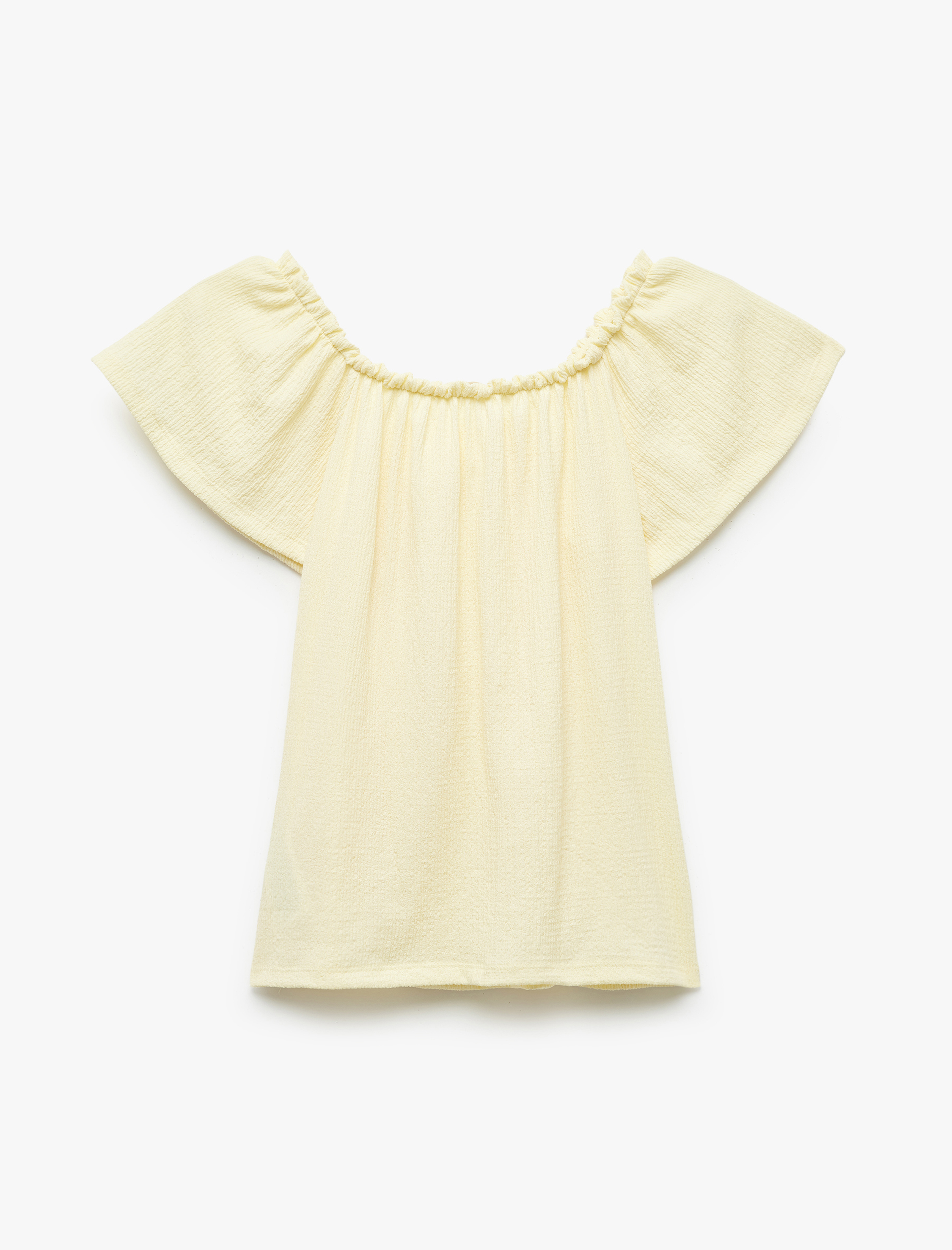  Kız Çocuk Bürümcük Kumaş Fiyonklu Omzu Açık Fırfırlı Kısa Kollu Bluz