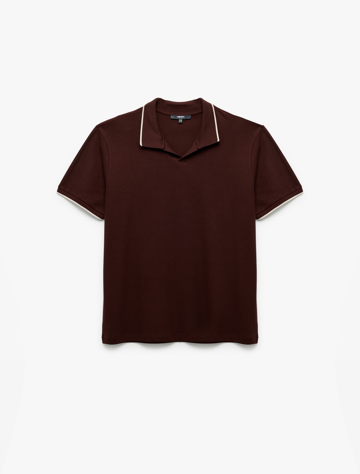  Kontrast Detaylı Pamuklu Pike Kumaş Kısa Kollu Slim Fit Polo Yaka Tişört