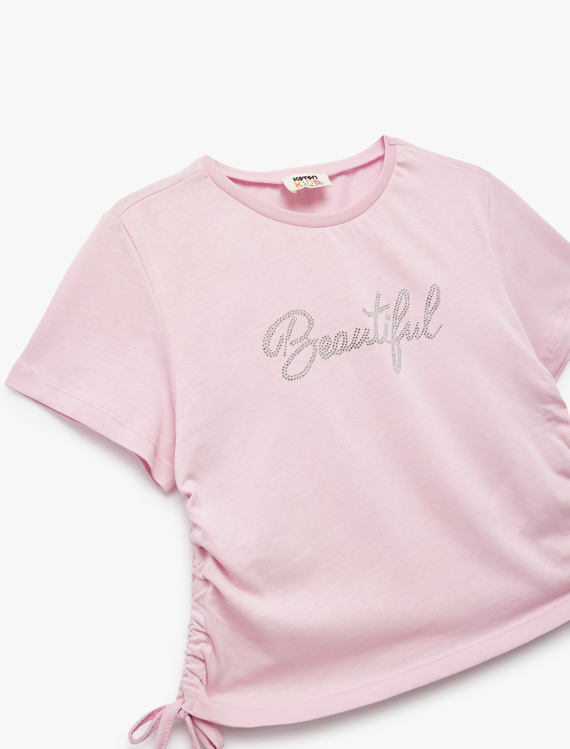  Kız Çocuk Pamuklu Taş Baskılı Büzgü Detaylı Kısa Kollu Crop Tişört