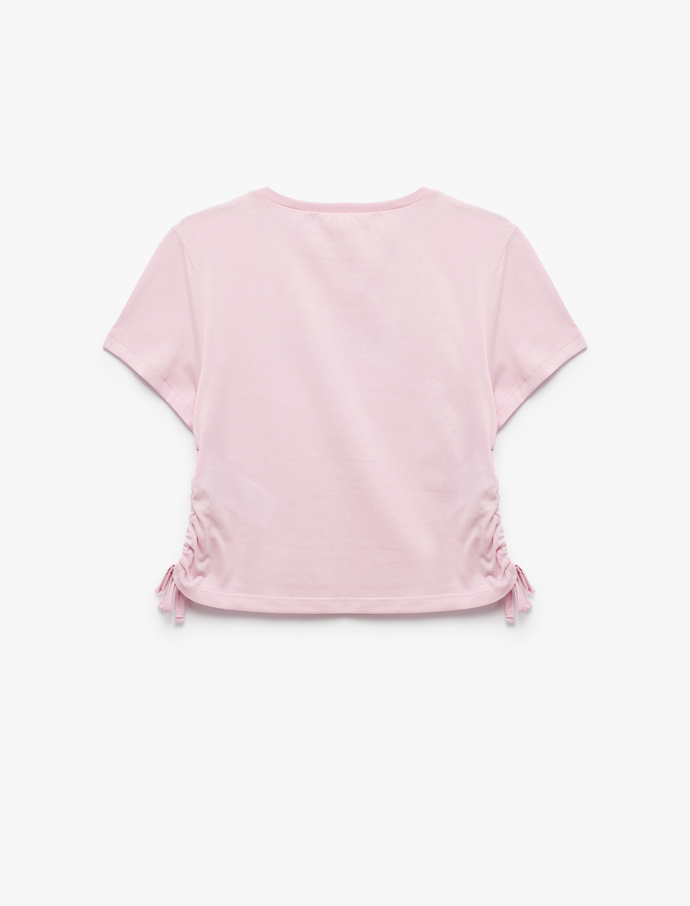  Kız Çocuk Pamuklu Taş Baskılı Büzgü Detaylı Kısa Kollu Crop Tişört